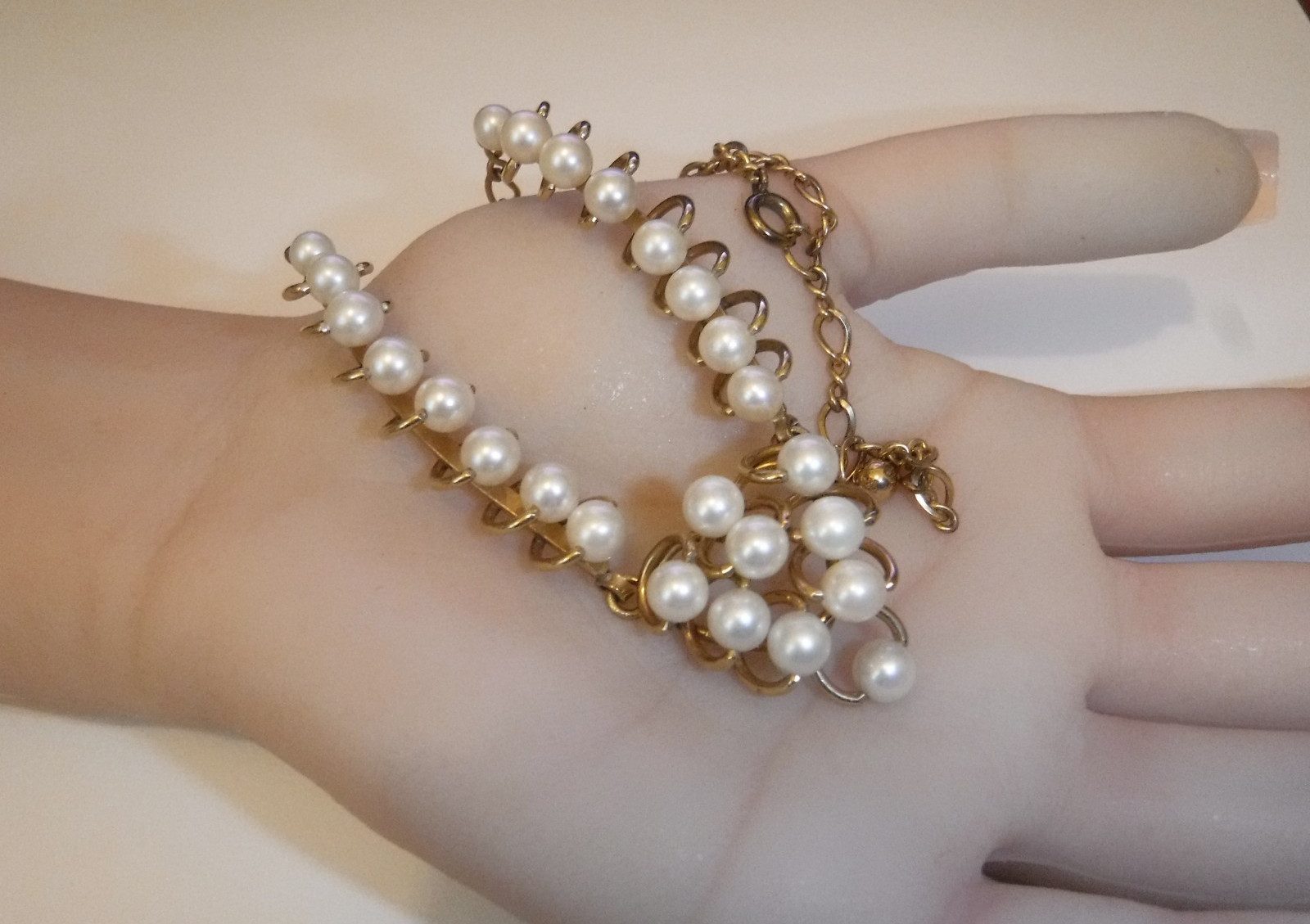 Estate Van Dell Signed VD 12 K GF White Cultured Pearl Collar Necklace 17″