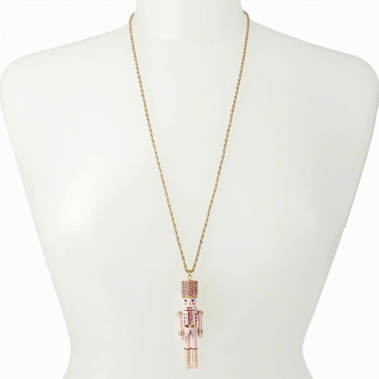 Nutcracker Charm Pendant Necklace Gold Tone Rope Chain Pink Crystal & Pearl