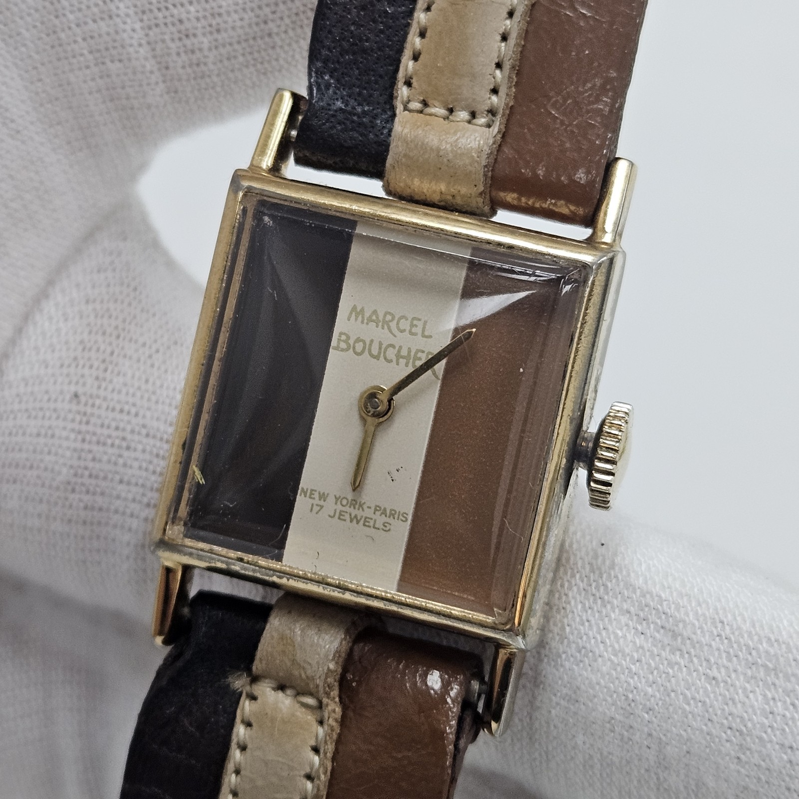 Vintage Marcel Boucher Brown Black & White Manual Wind 17J Unisex Watch Rare