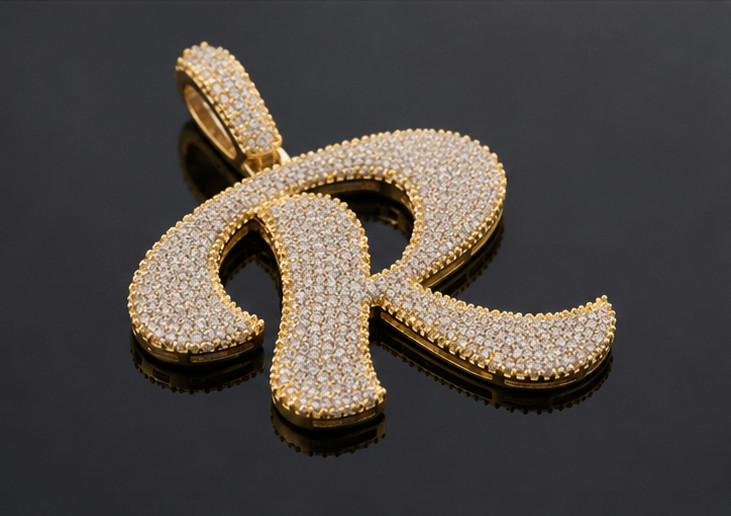 5 Ct Moissanite Initial “R” Pendant–14K Yellow Gold Plated Iced Out Letter Charm