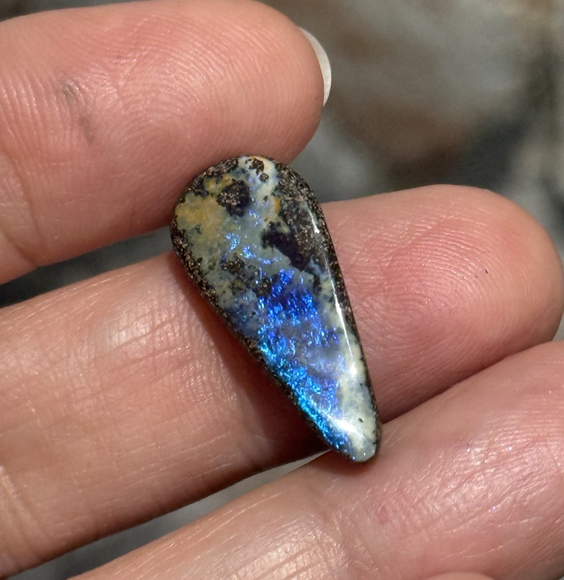 9.35ct 24x10x5mm Flashy Dark Blue Natural Boulder Australian Opal Drop Cabochon
