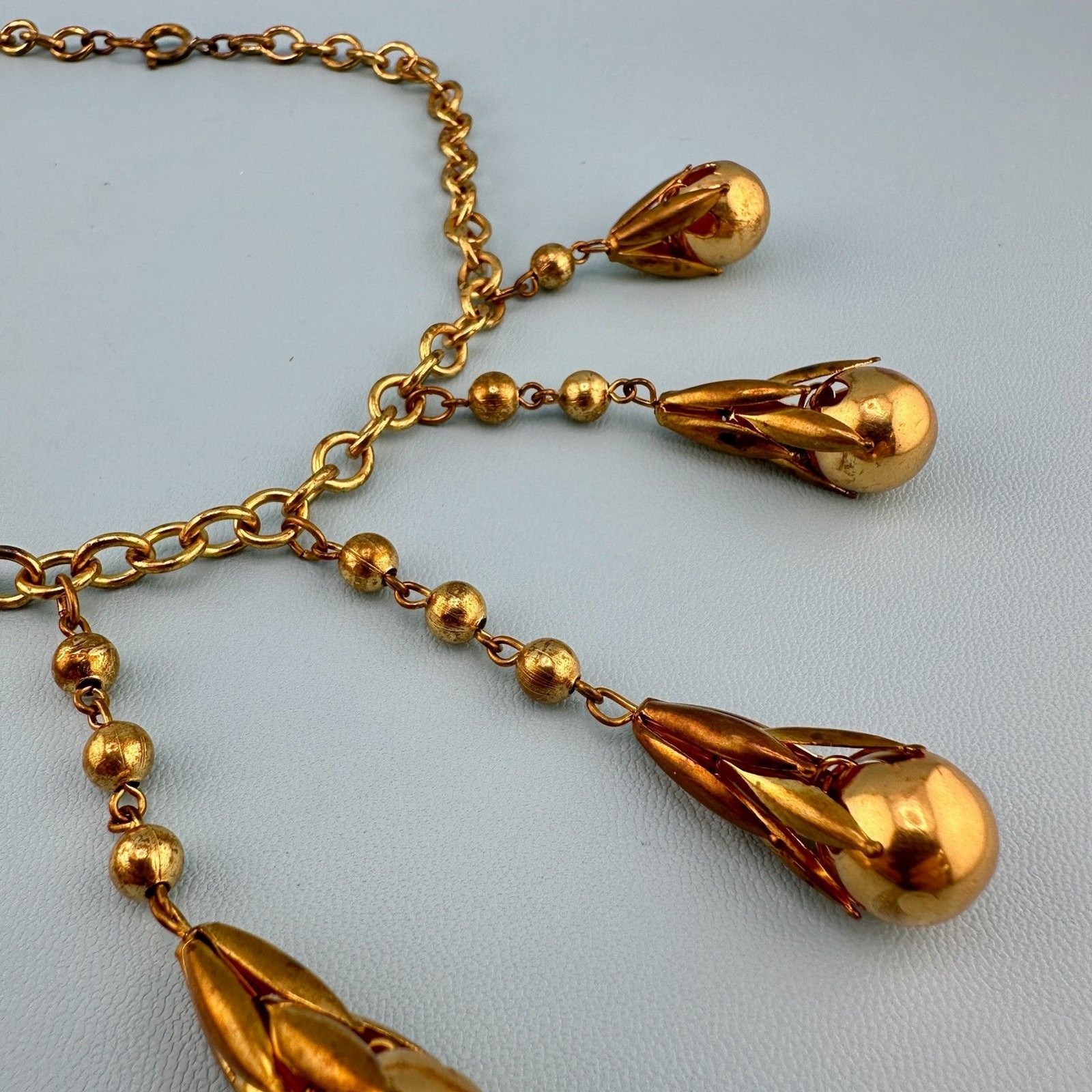 Vintage Art Deco Necklace Fringe Chain Gold Tone Etruscan Revival Statement