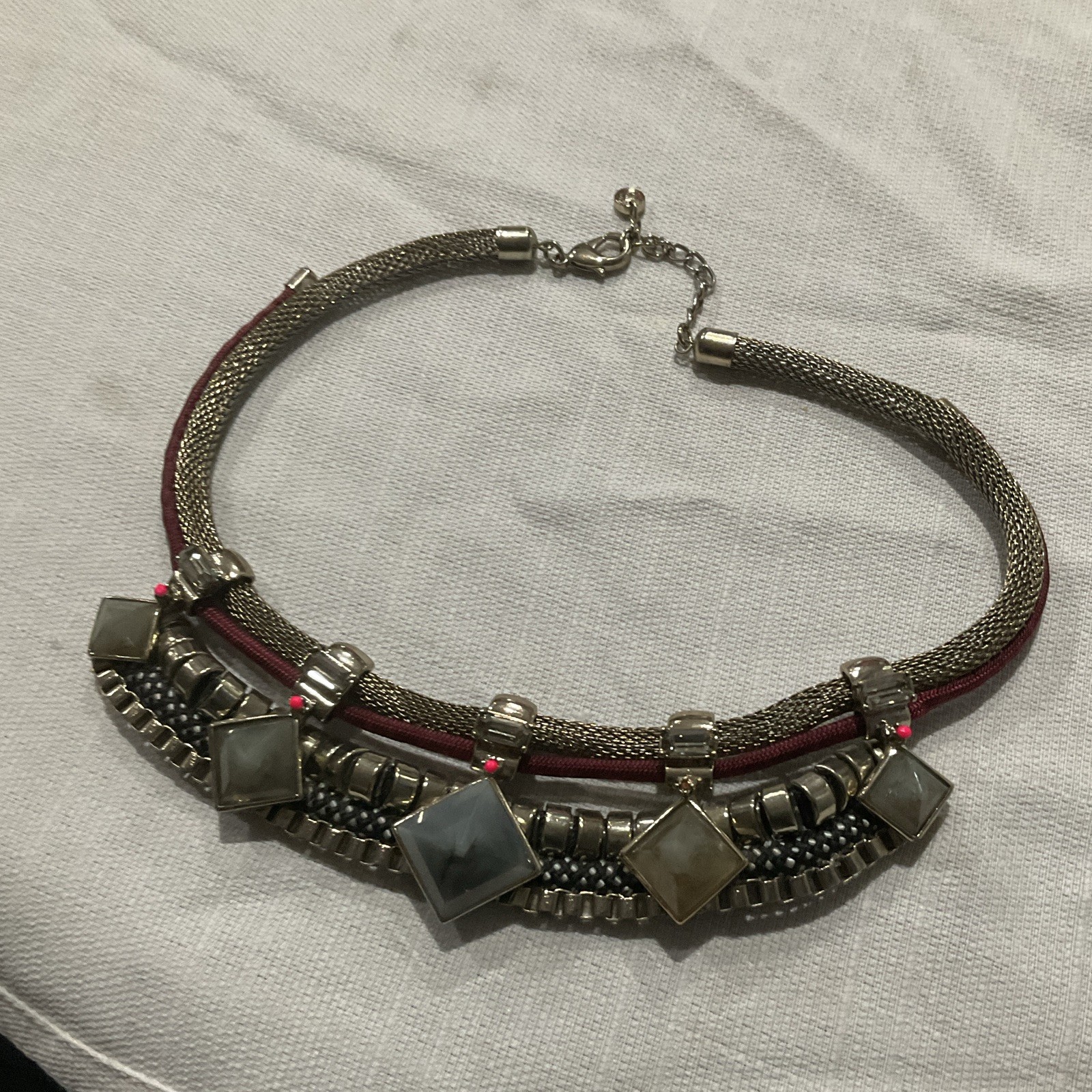 Silver Tone Multi-Strand Mesh Collar Necklace Gray Square Stones Red Cord