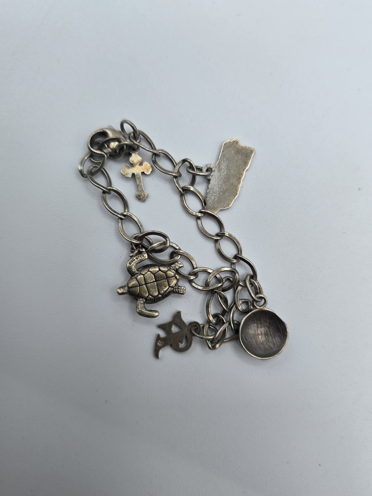 Vintage Sterling Silver Travel Charm Bracelet 7″ Puerto Rico Sea Turtle Cross…
