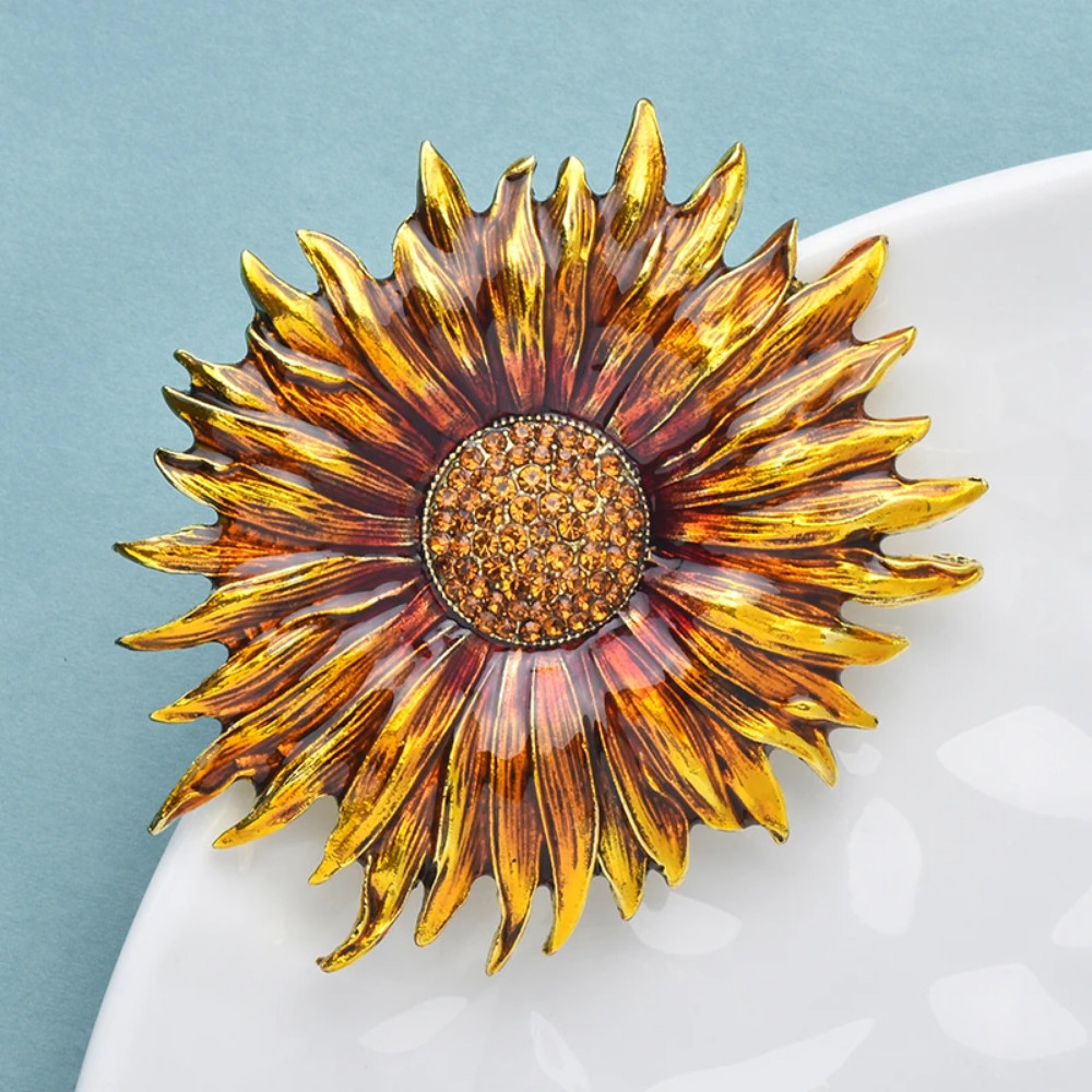 Vintage Enamel Sunflower Brooch Rhinestone Sun Flower Pin Summer Jewelry Gift US