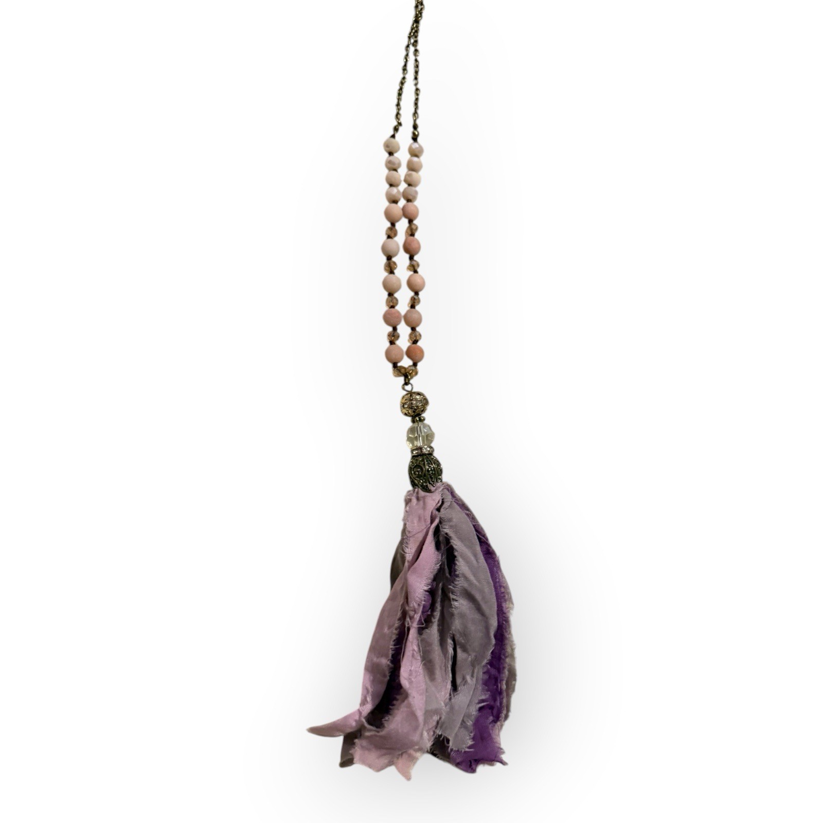Cream Crystal & Beige Stone Purple Sari Silk Tassel Necklace Women