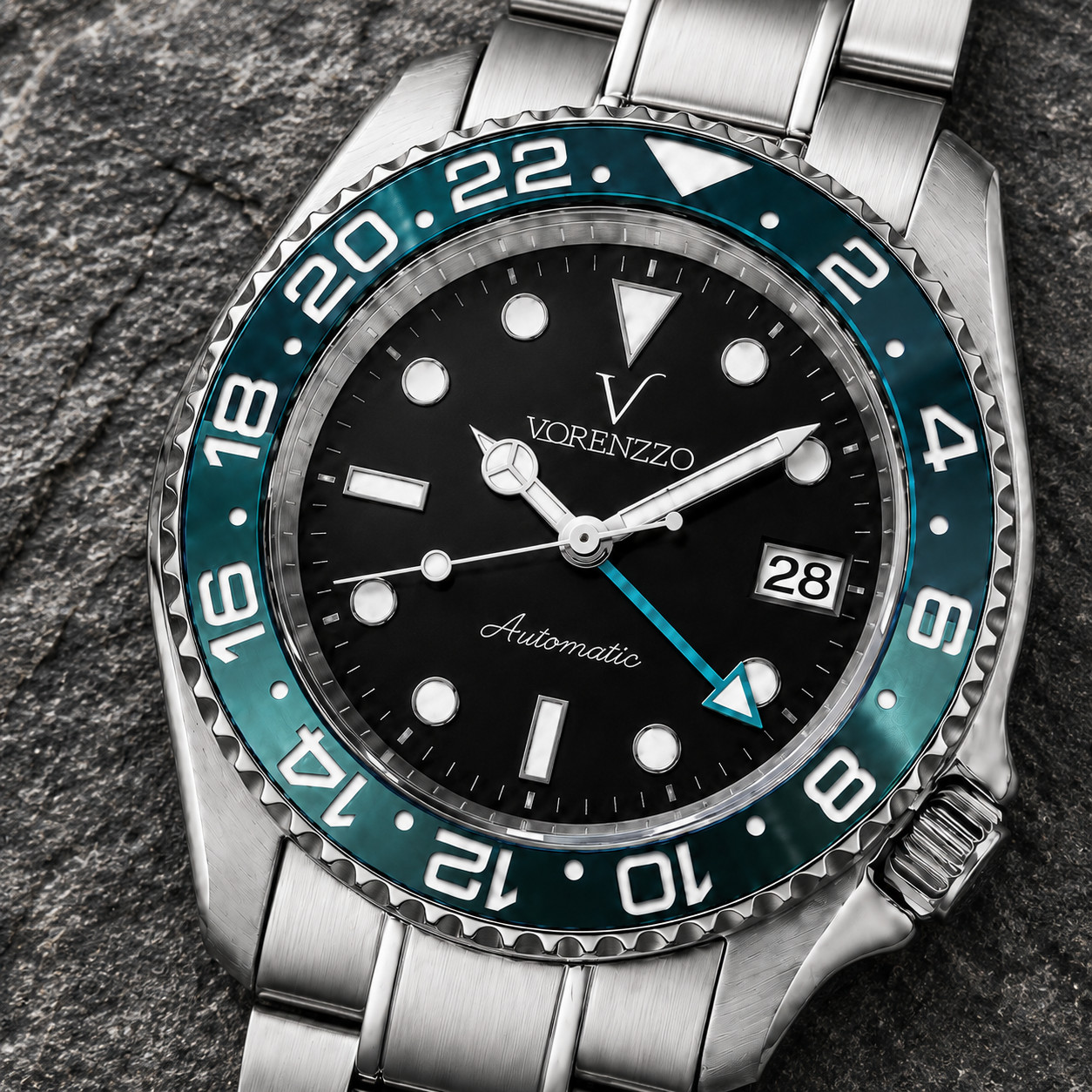 VORENZZO Automatic GMT Watch 40mm Black Dial Teal Bezel Sapphire Steel