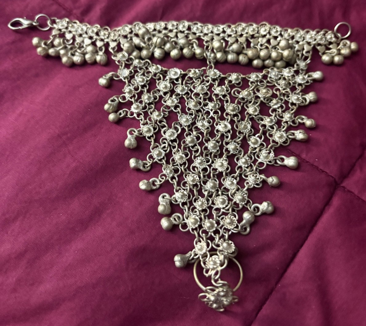 Afghan Kuchi Silver Toned Bracelet Waterfall Design with Connected Finger Ring