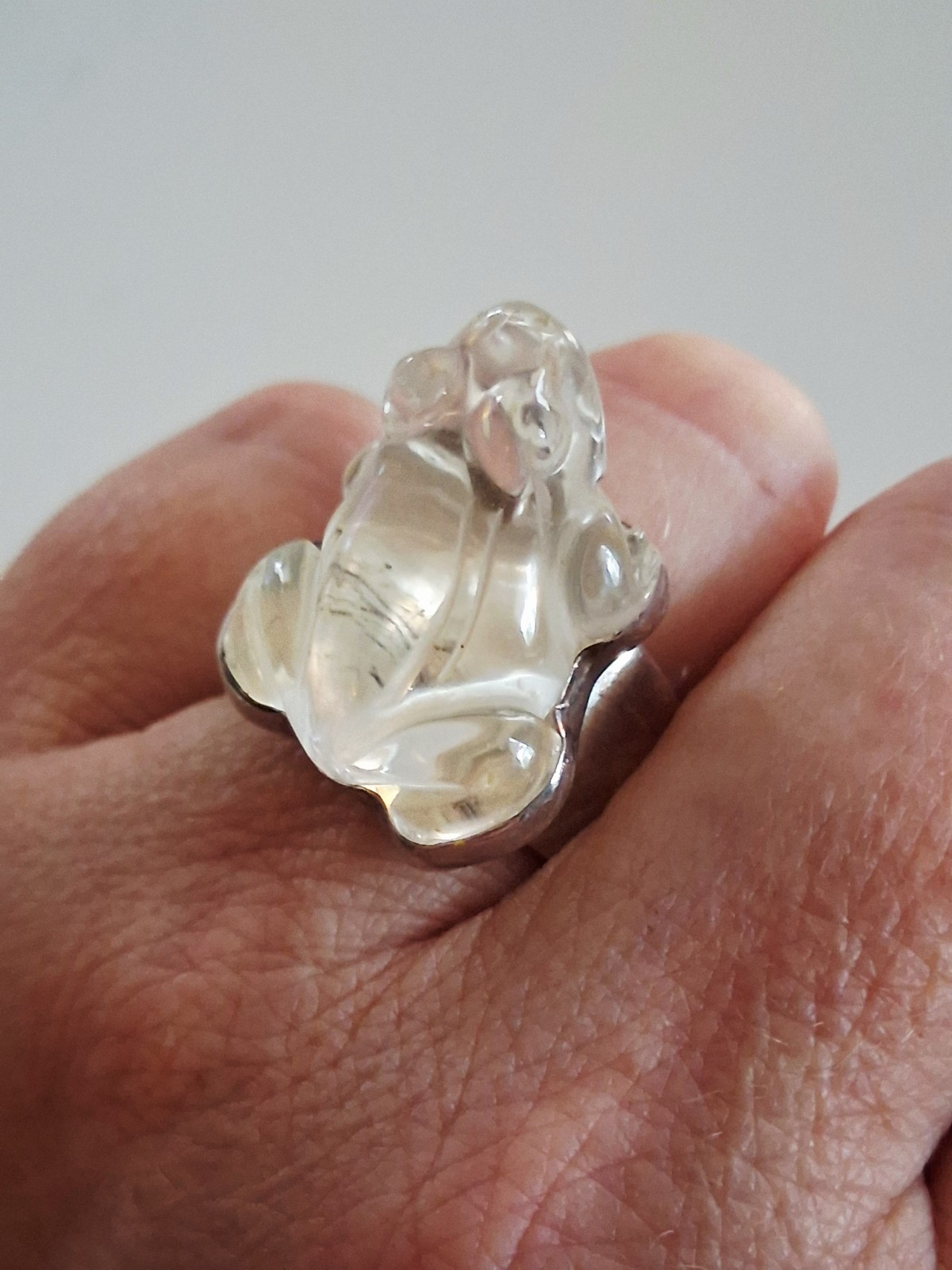 Hand Carved Rock Crystal Quartz Frog Statement Ring Size 10 Sterling Silver NIB