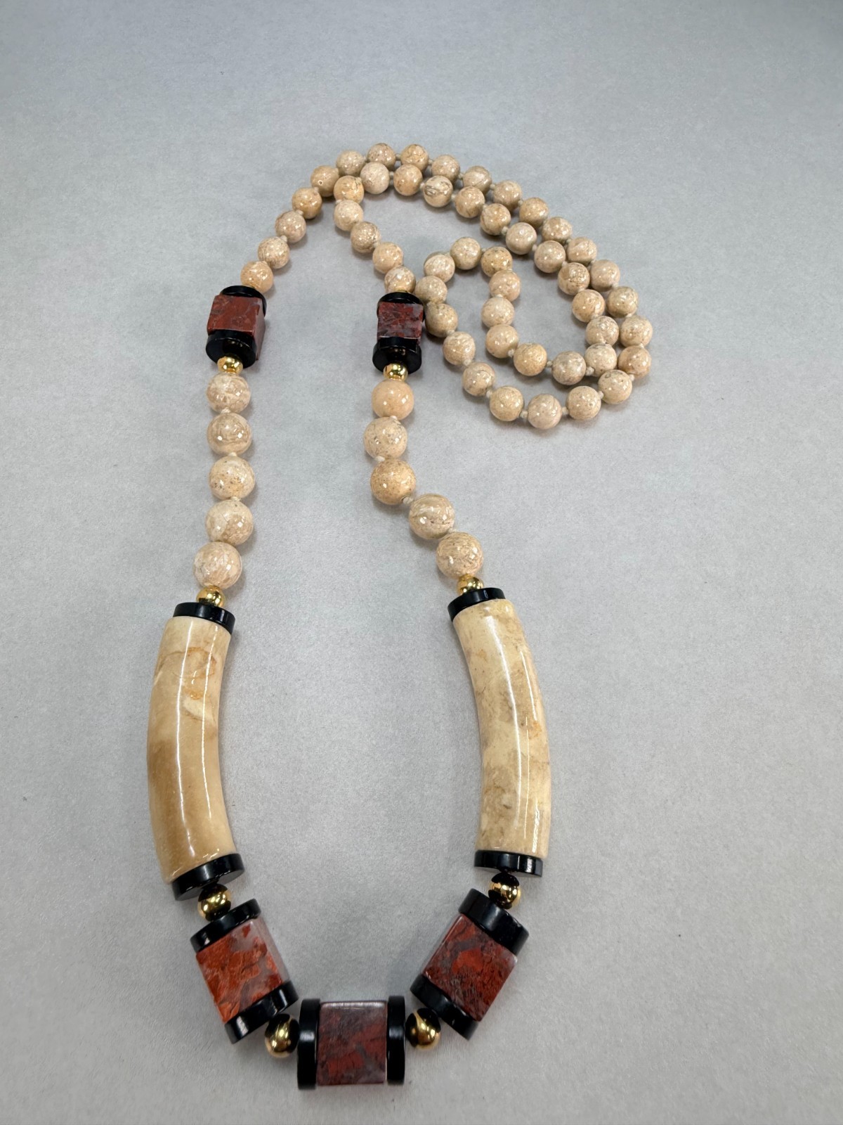 Vintage Ceramic -Jasper Beaded Statement Necklace Black Beige Brown Long Strand