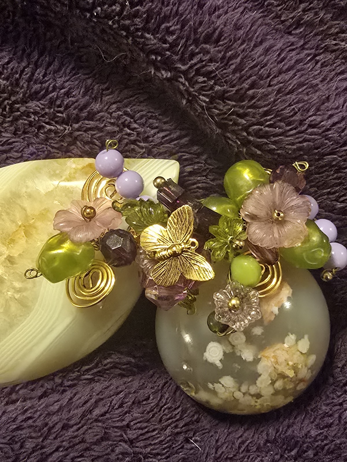 Handmade Gold Tone Metal Flowers Brooch Pin w/ Green & Purple Acrylic Beads