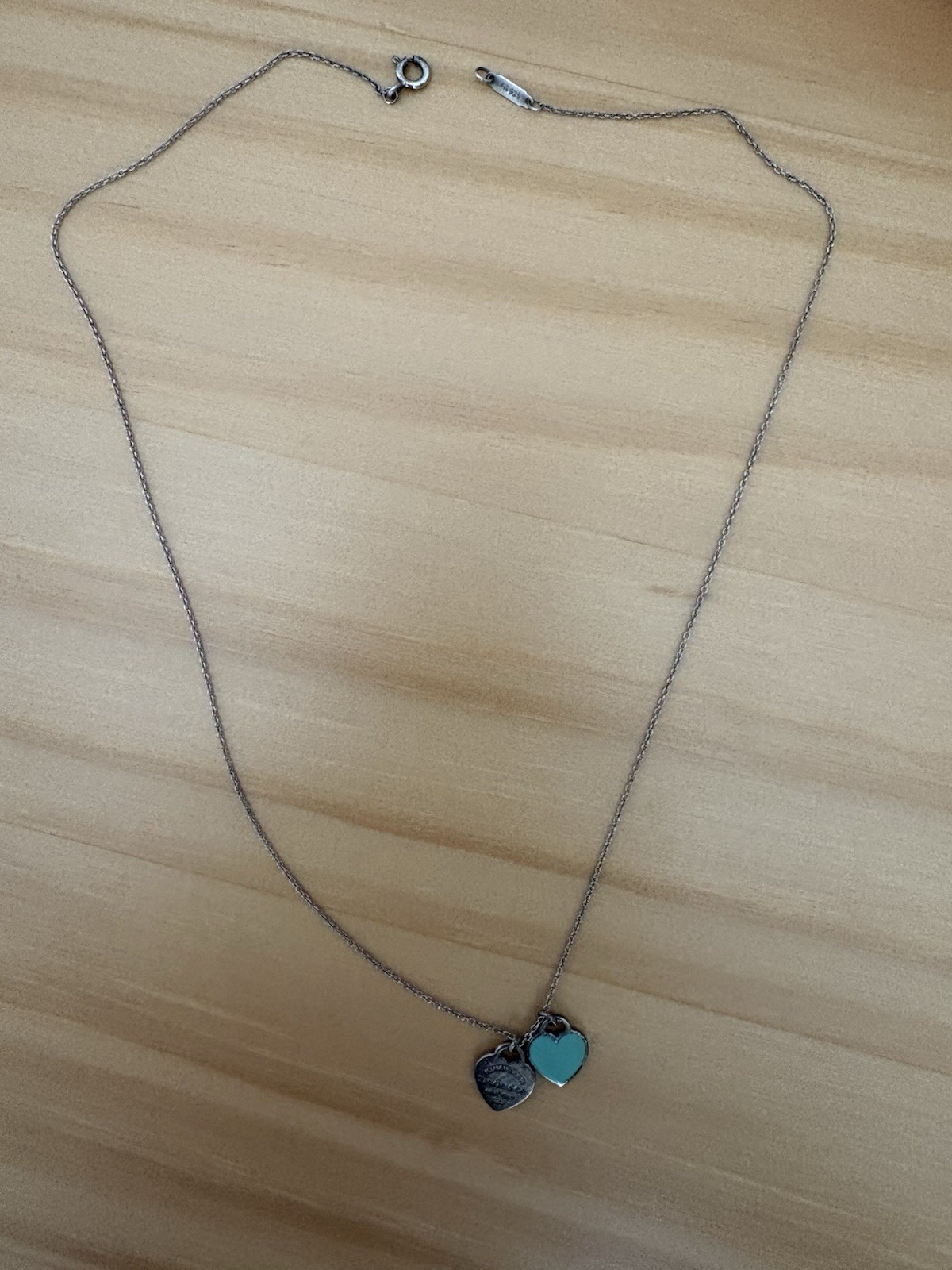 Tiffany & Co. Silver Blue Enamel Heart Charm Pendant Cable Chain Necklace