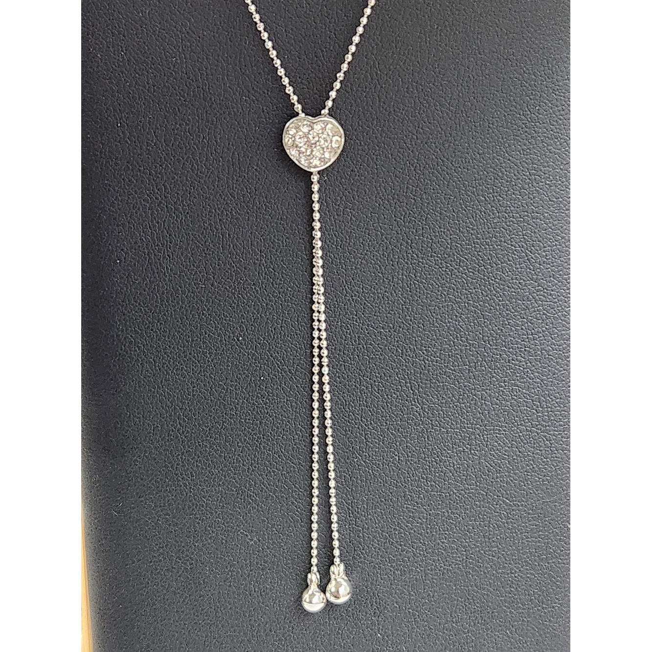 NIB Sterling Silver Heart Bolo Adjustable Slider Pavé Lariat Necklace 16″