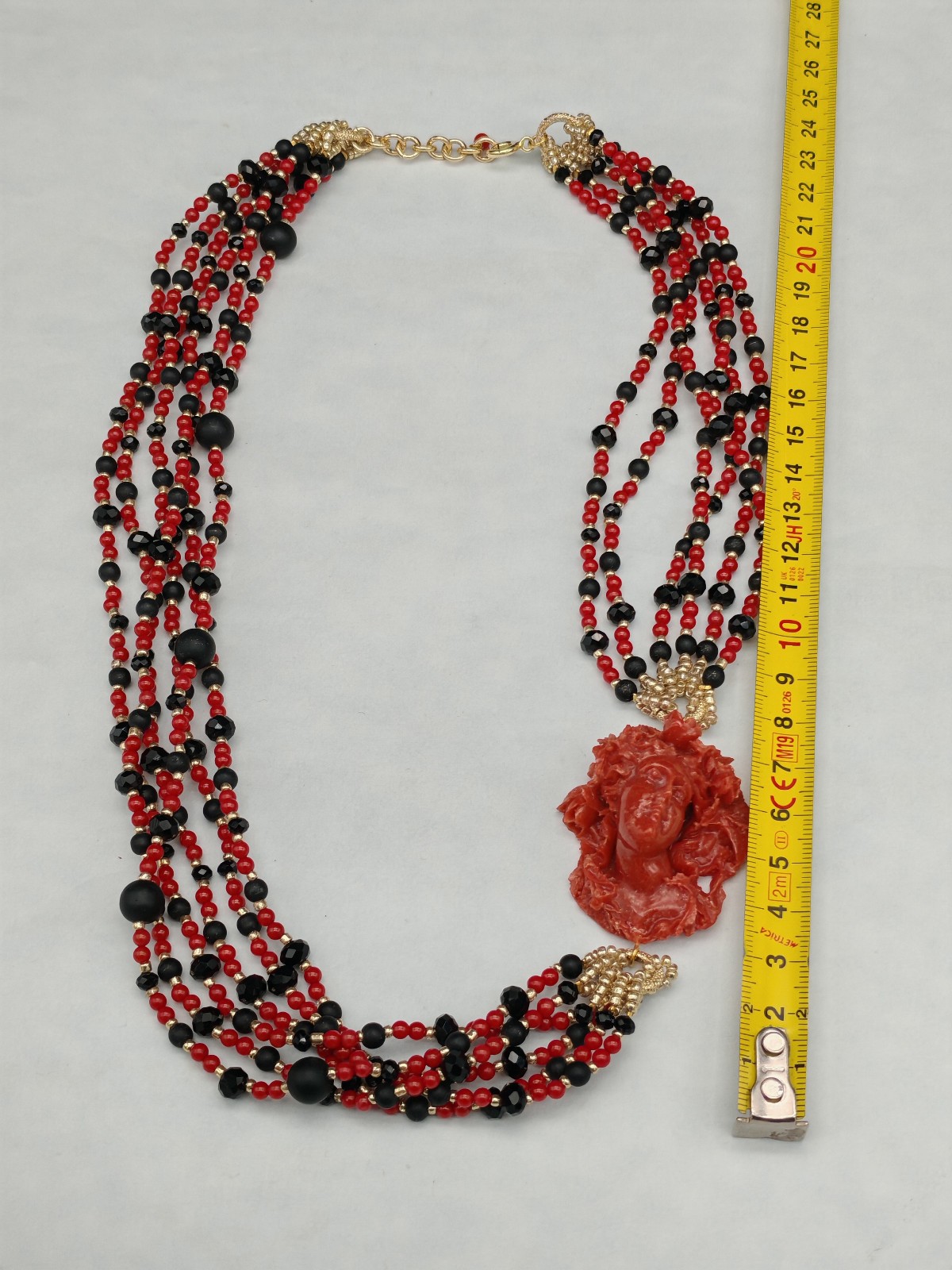 Women Red Coral Cameo Multifilament Elegant Onyx Necklace Made in Italy
