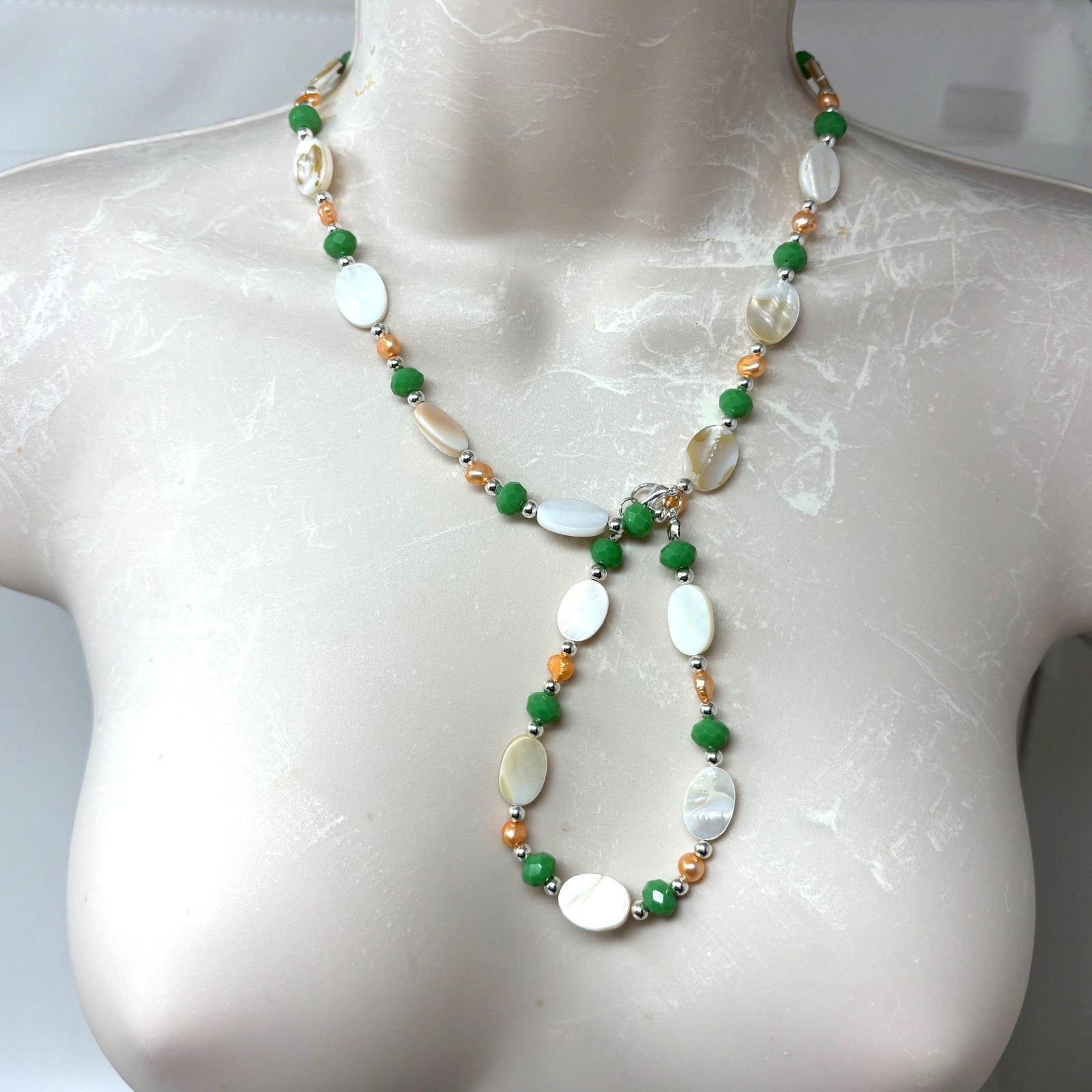 Handmade Beaded Necklace Bracelet Set White Shell Peach Pearls and Green Glass