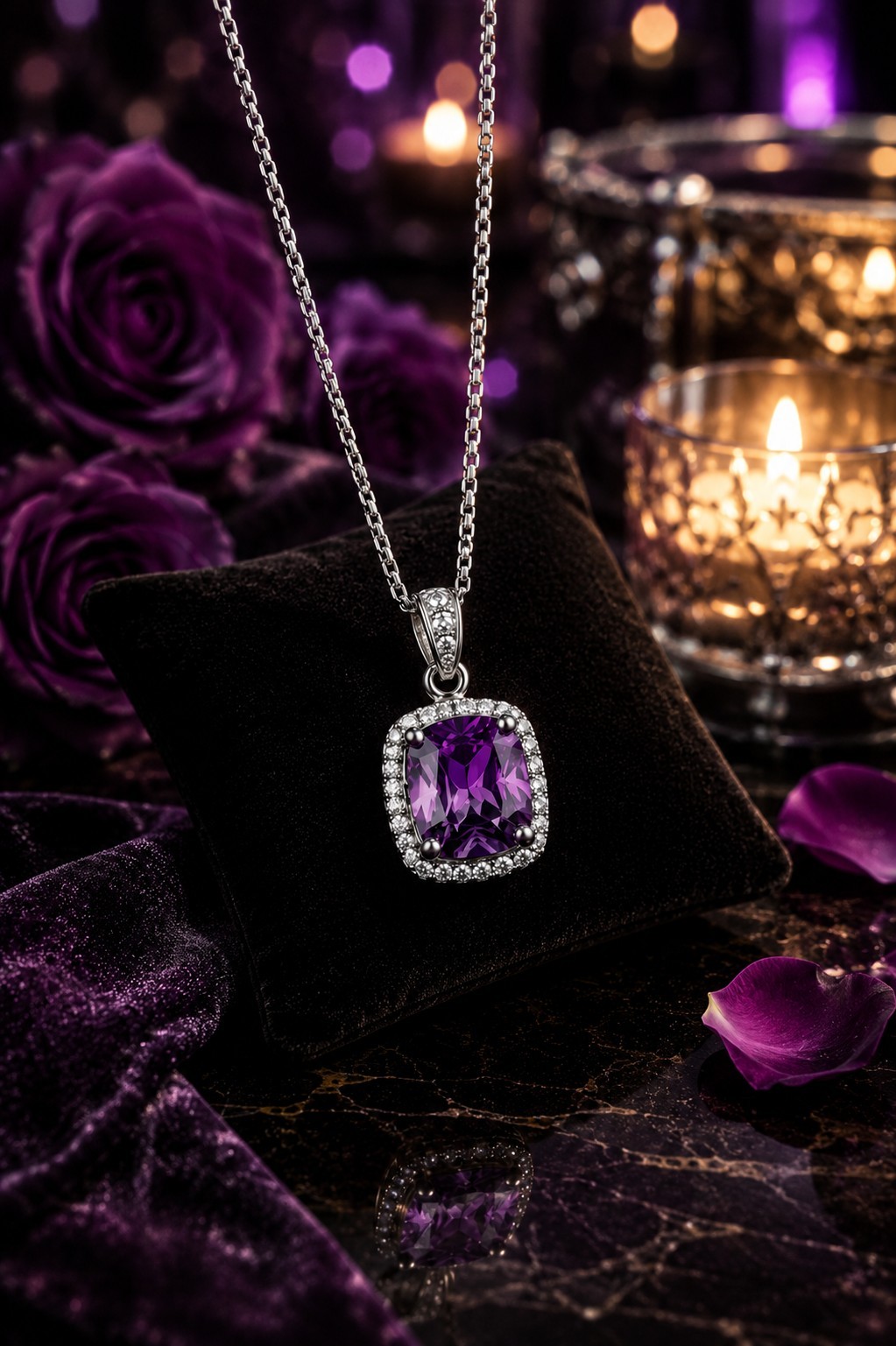 Purple Crystal Halo Pendant Necklace Silver Tone CZ Fashion Jewelry Gift Women