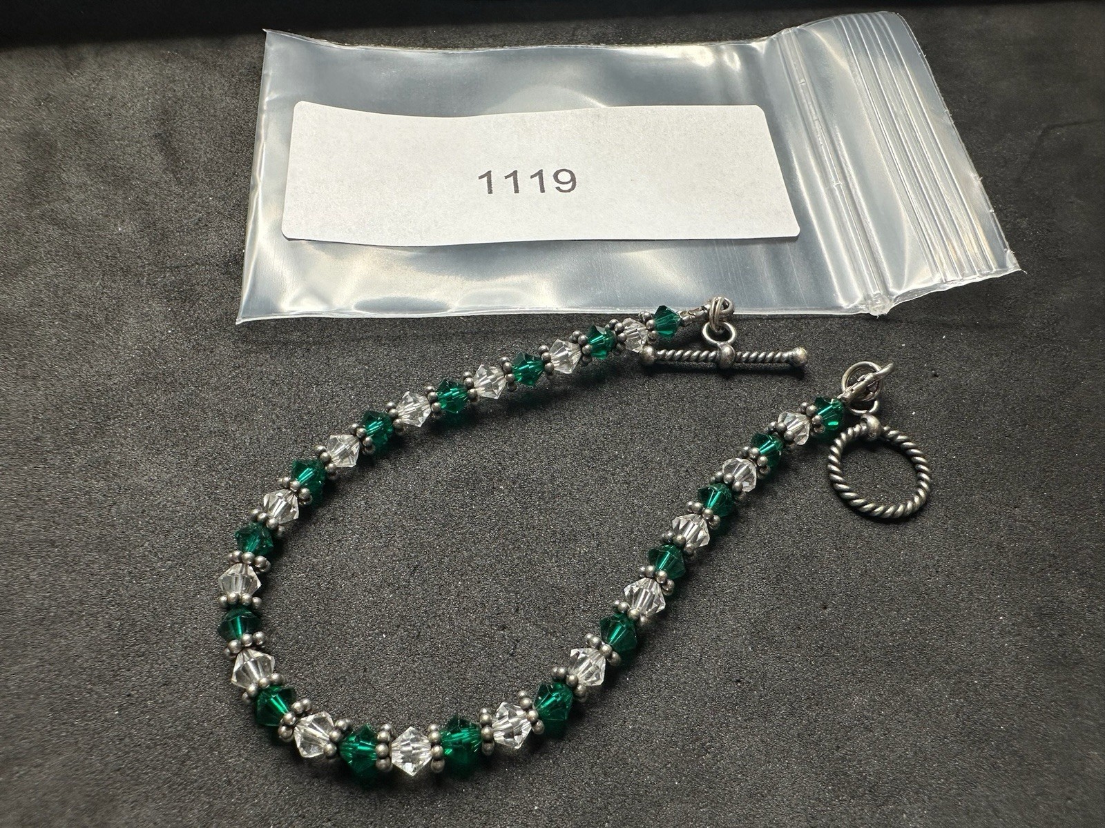 6.33g Vintage Sterling Silver 925 Beaded Link Bracelet Green Accents M 7.2 in
