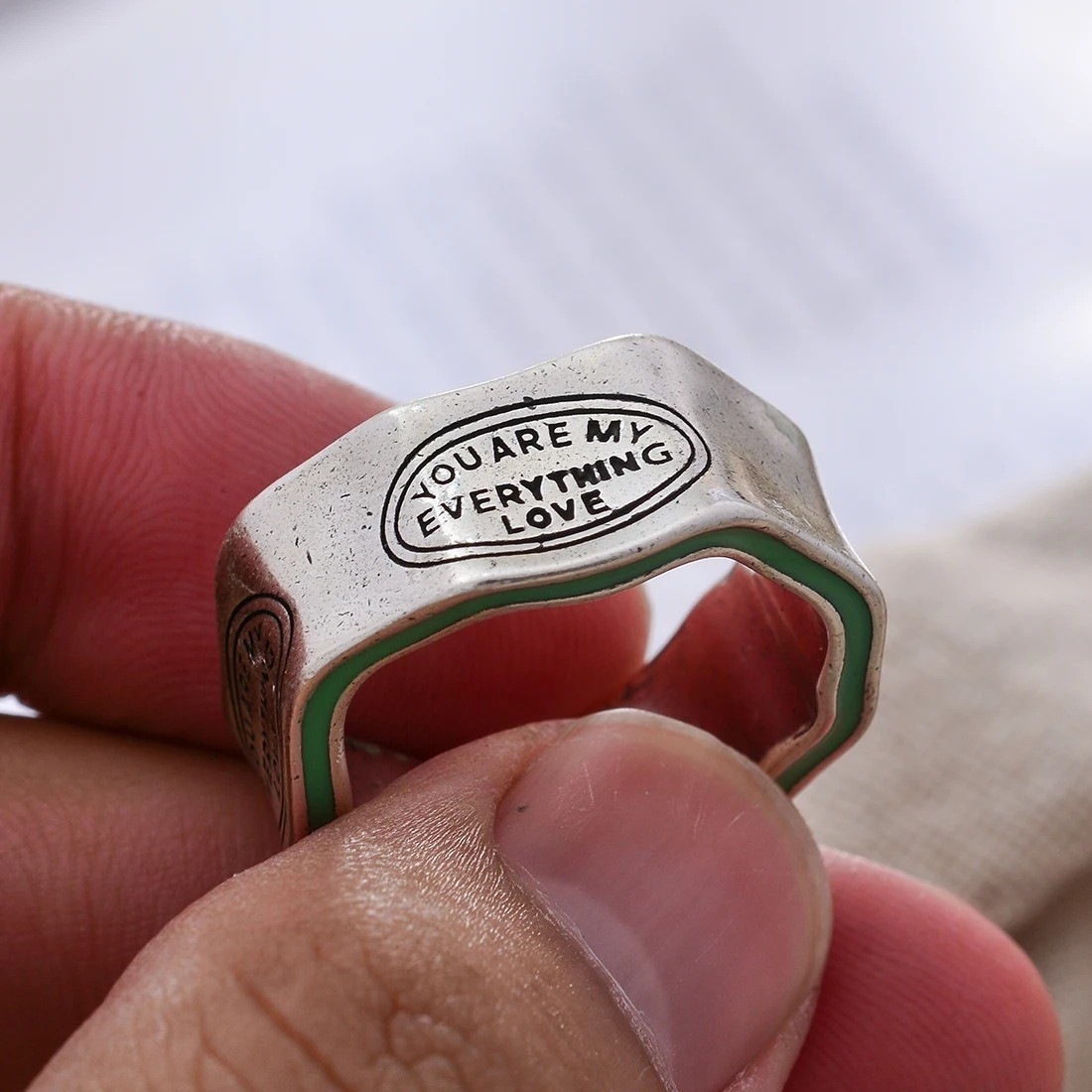 Retro Green Stripe Adjustable Ring Boho Letter Carved Women’s Jewelry