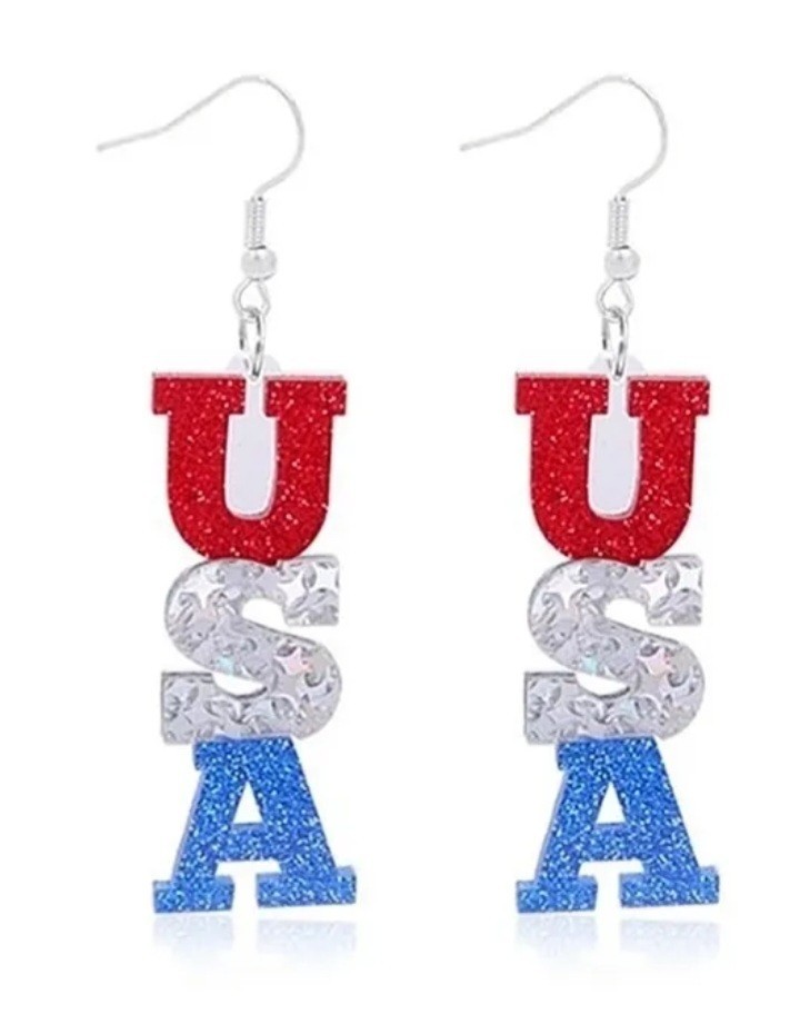 3x Red White Blue Dangle Drop Earrings Patriotic Flag