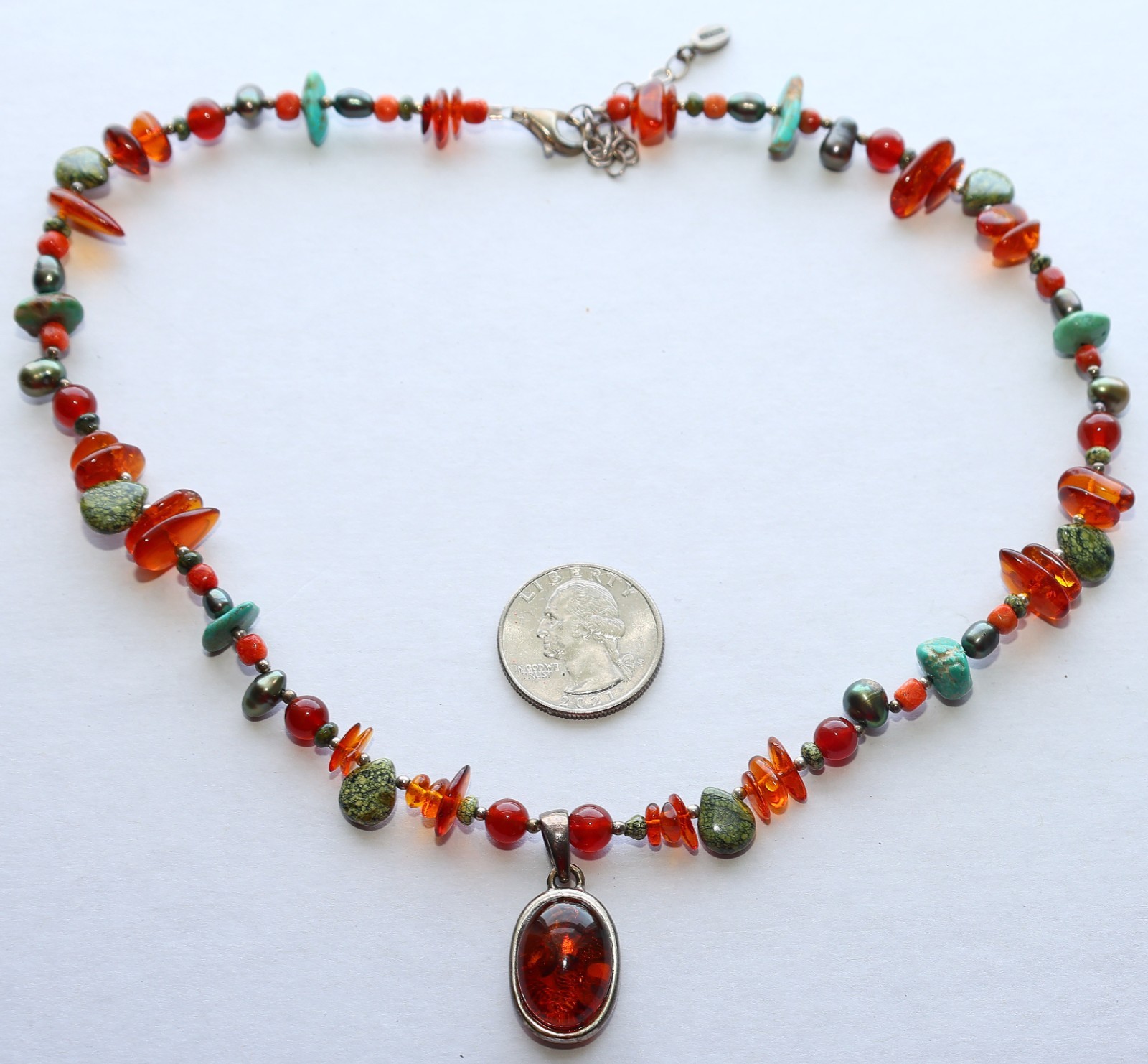 BARSE Necklace Amber Beads Sterling Pendant Turquoise 925 Silver Beaded THAI 20″
