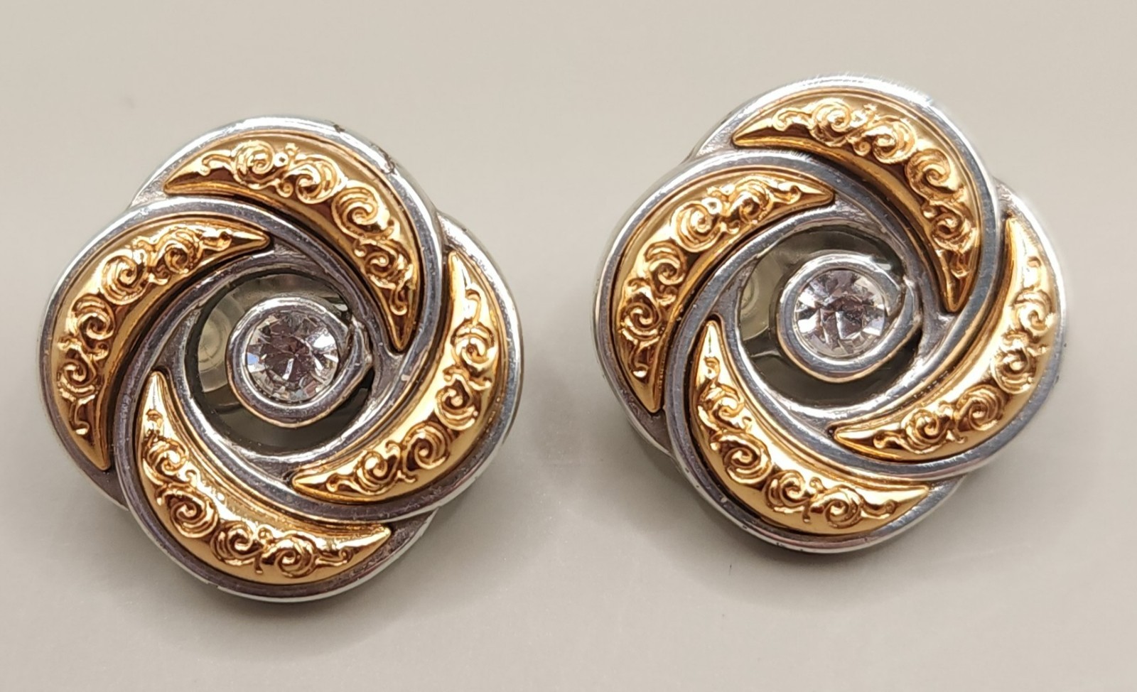Vintage Brighton Love Knot Clip On Earrings Two Tone Silver Gold Rhinestone 7/8″