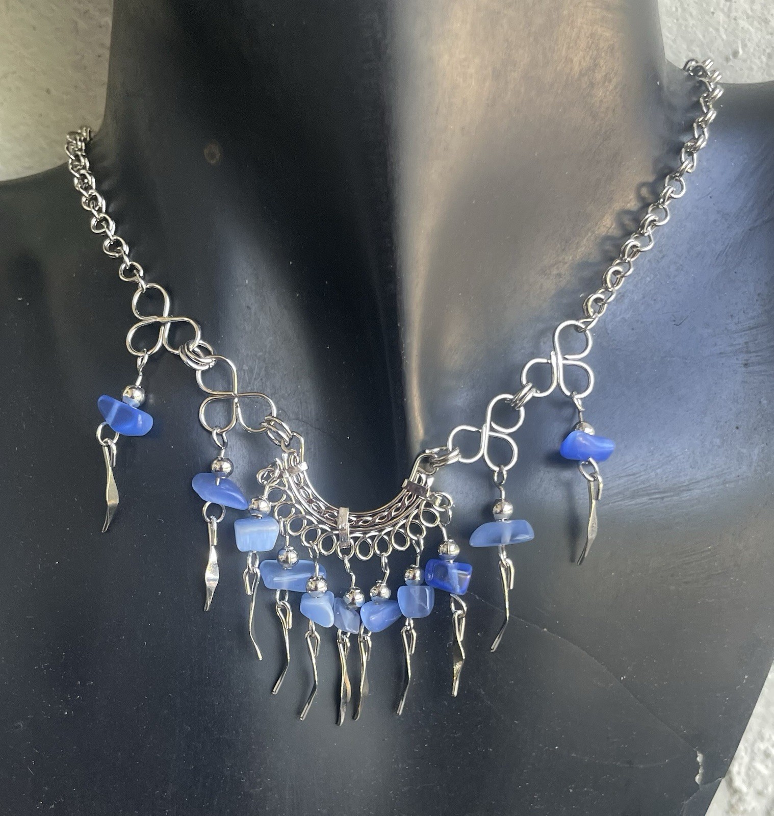 Peruvian Blue Cascajo Chip Nugget Long Necklace Bracelet Earrings Set Peru Boho
