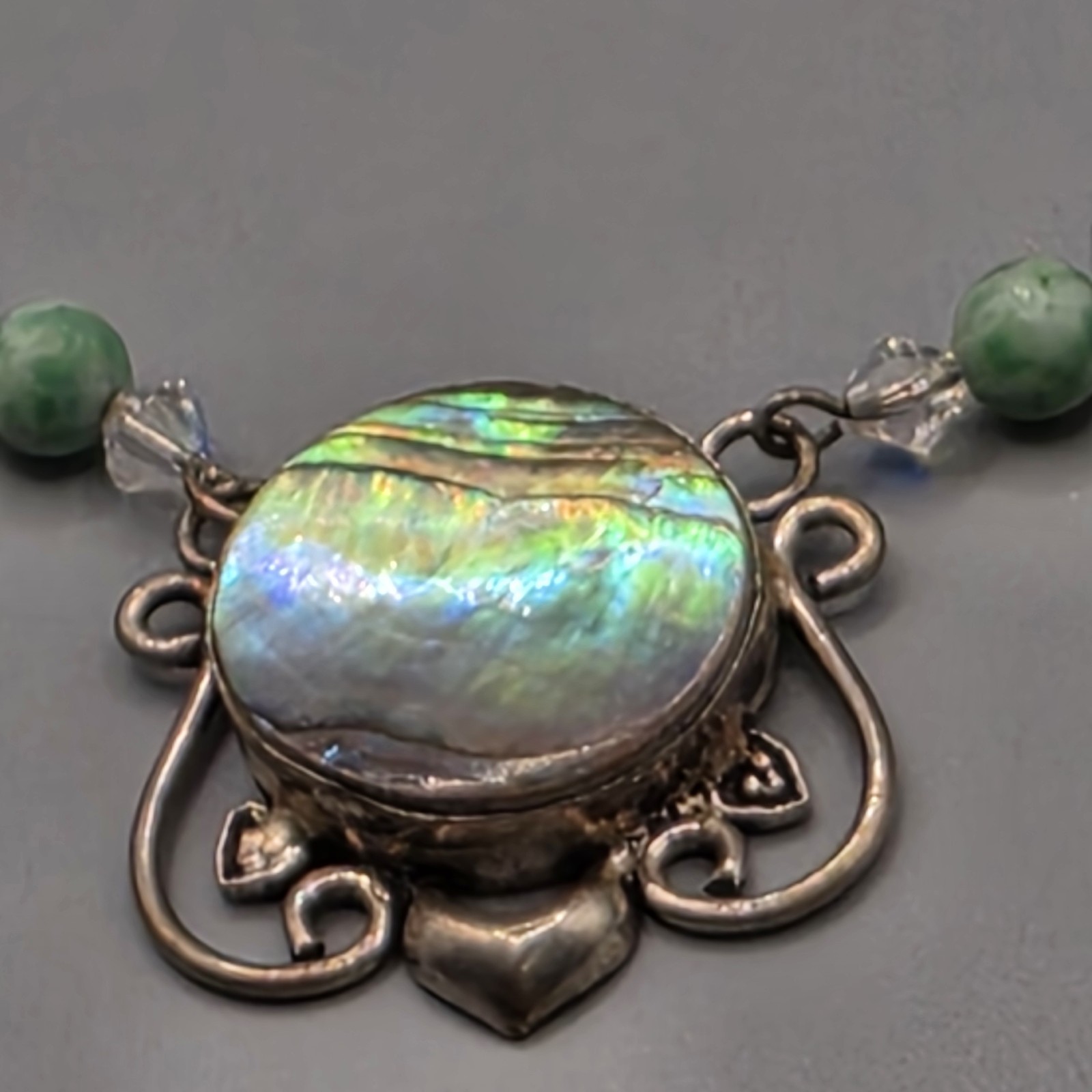 Sterling Silver Abalone Shell Necklace Statement Cabochon Green Bead Coastal