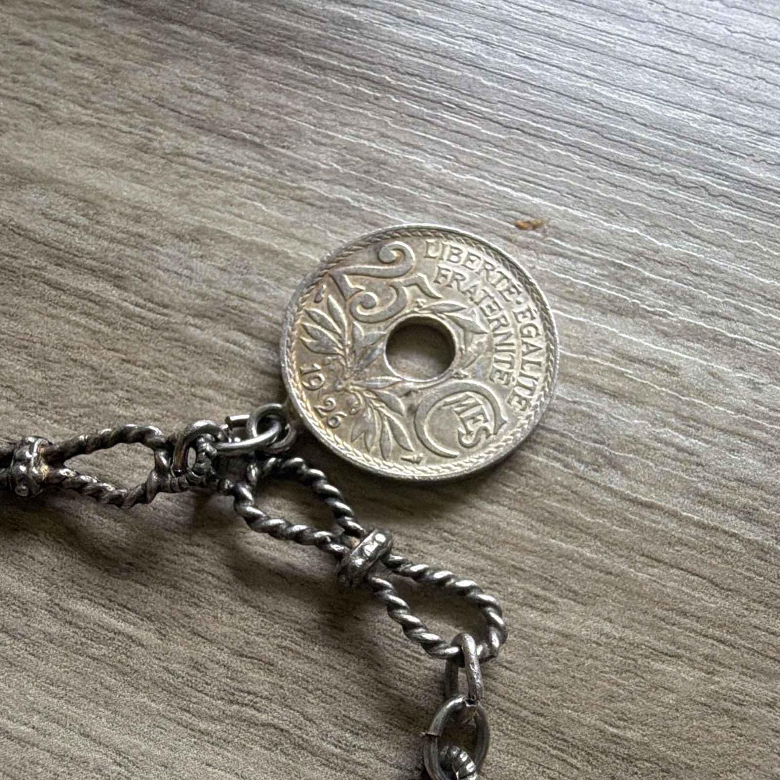 Silver Tone Rope Chain Coin Dangle Charm Bracelet, France Coin Type Charms