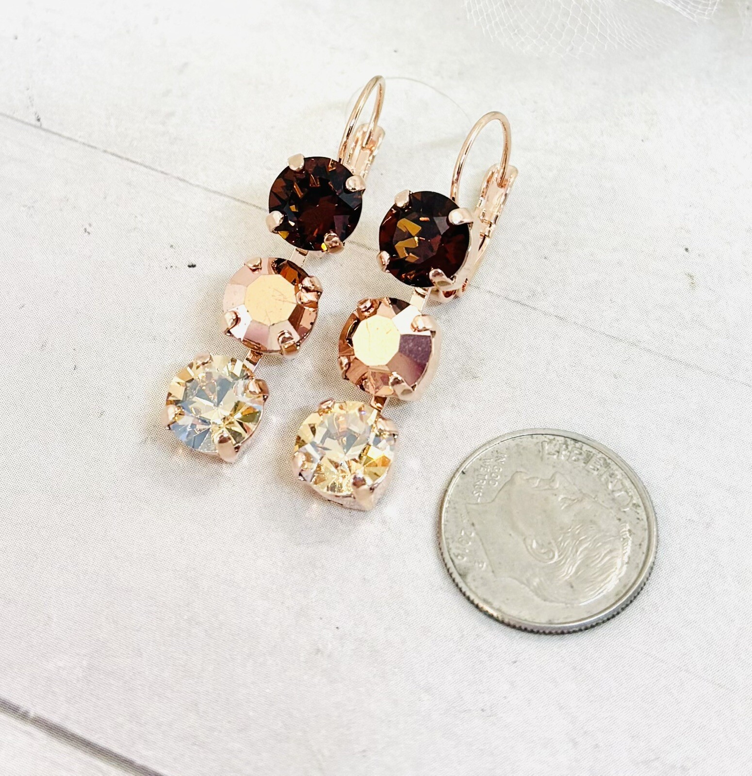 Rose Gold Plated Chocolate Brown and Rose Gold Triple Stone Cup Chain Earrings