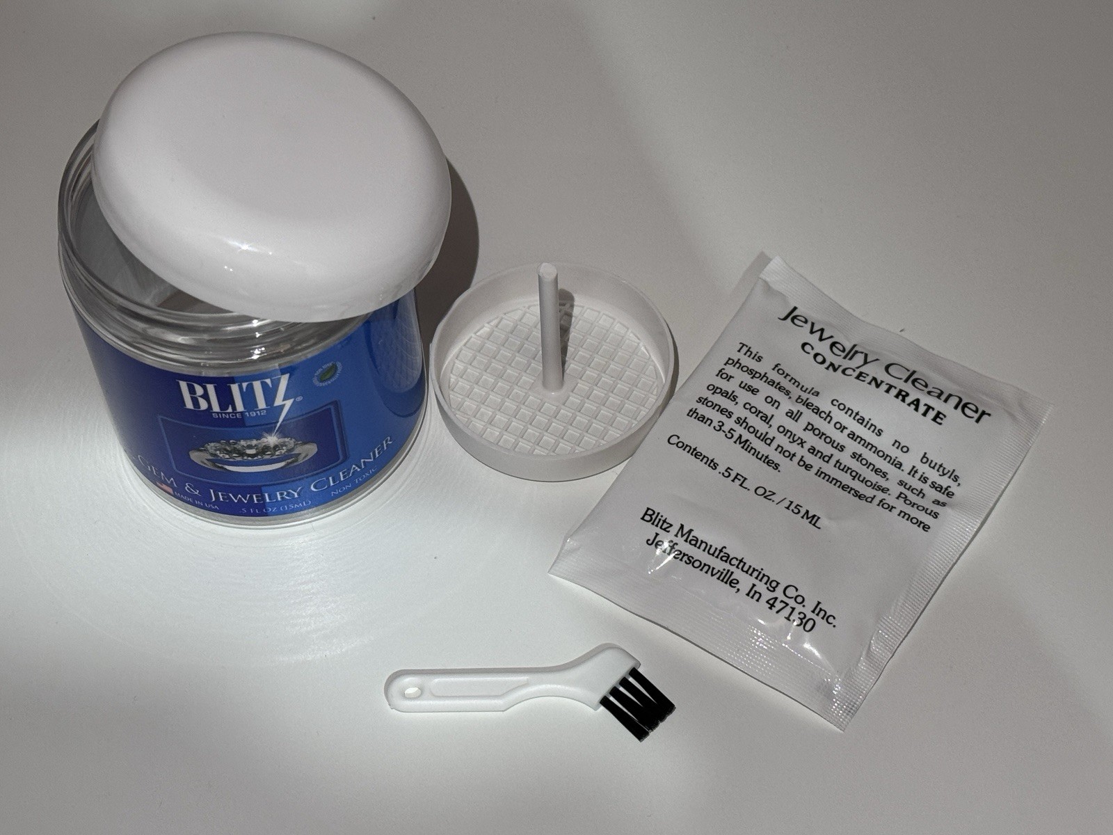 Blitz Gem & Jewelry Cleaner Tub with Brush & Strainer | Non-Toxic | Made in USA