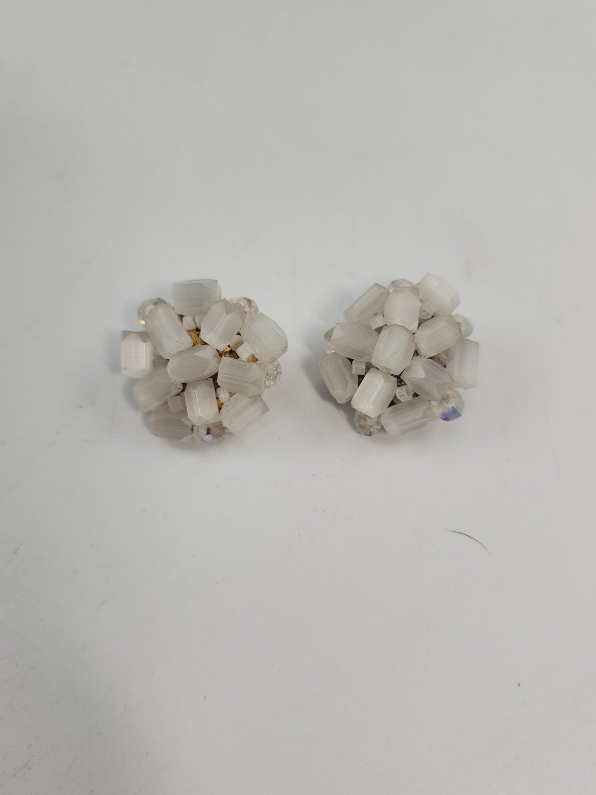 Vintage Czech Glass Triple Strand Necklace Pentagon Faceted White Satin Atlas