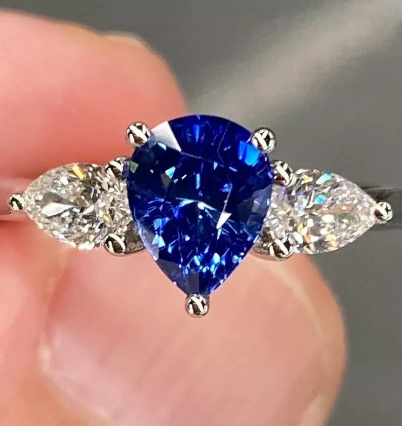 RARE 4.00 Ct Certified Pear Cut Natural Blue Diamond Ring White Gold Finish
