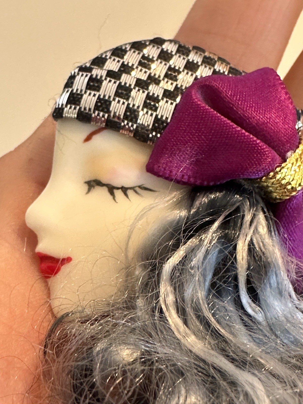 Lady Head Porcelain Brooch Hand Painted Long Gray Hair SEE DETAILS Repair Needed