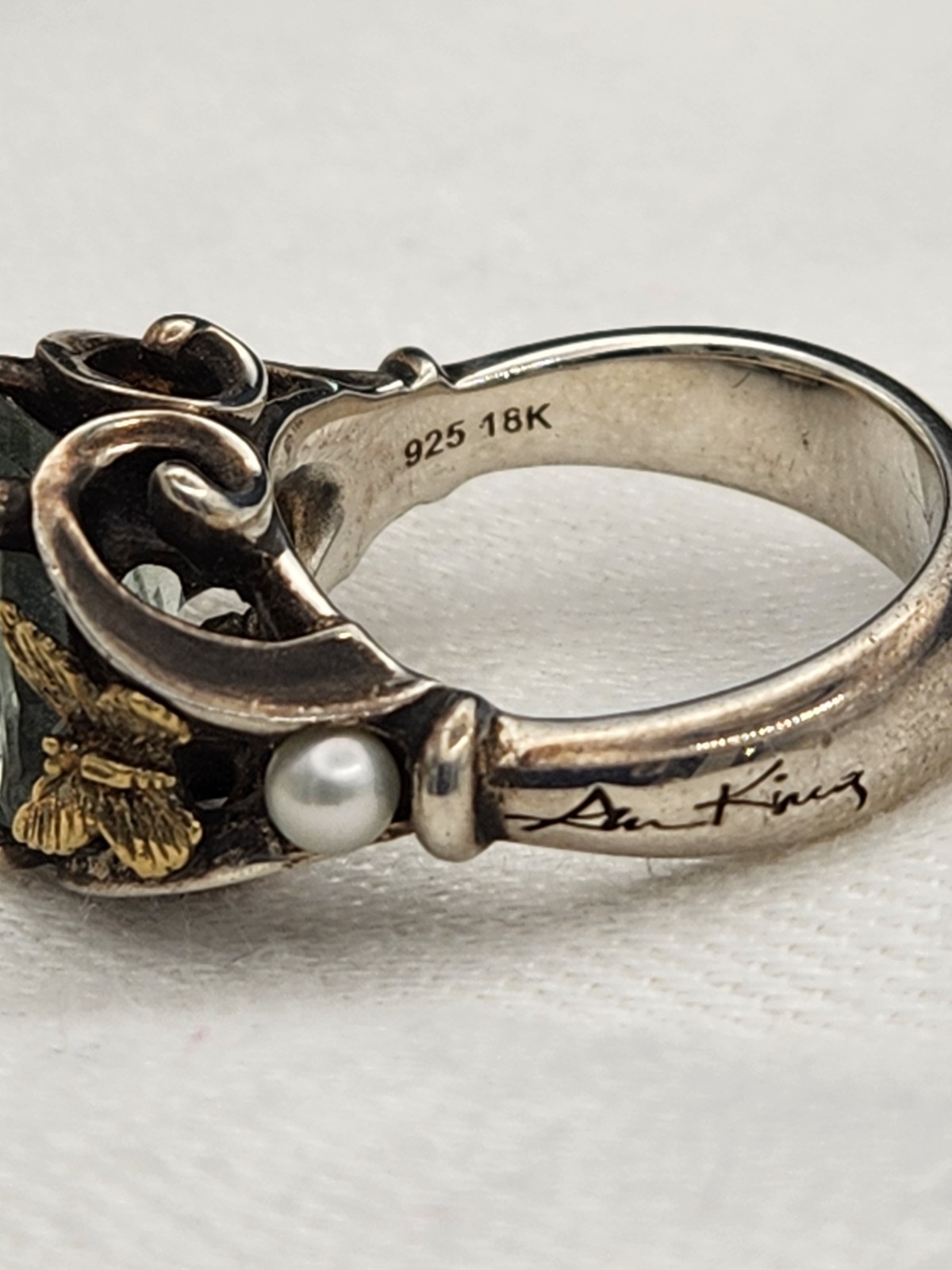 Ann King Sterling Silver 18k Gold Prasiolite Butterfly Pearl Ring Size 6.5