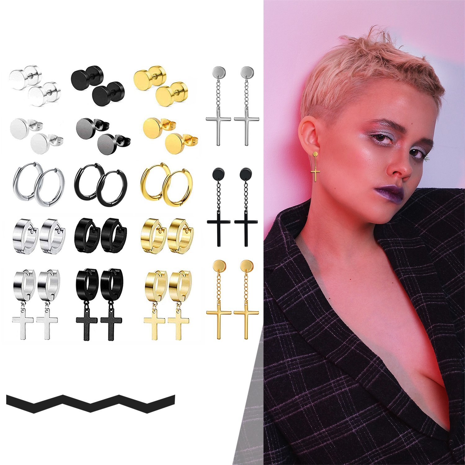 18 Pairs Men Women’s Cross Stainless Steel Hoop Dangle Huggie Stud Earrings Set