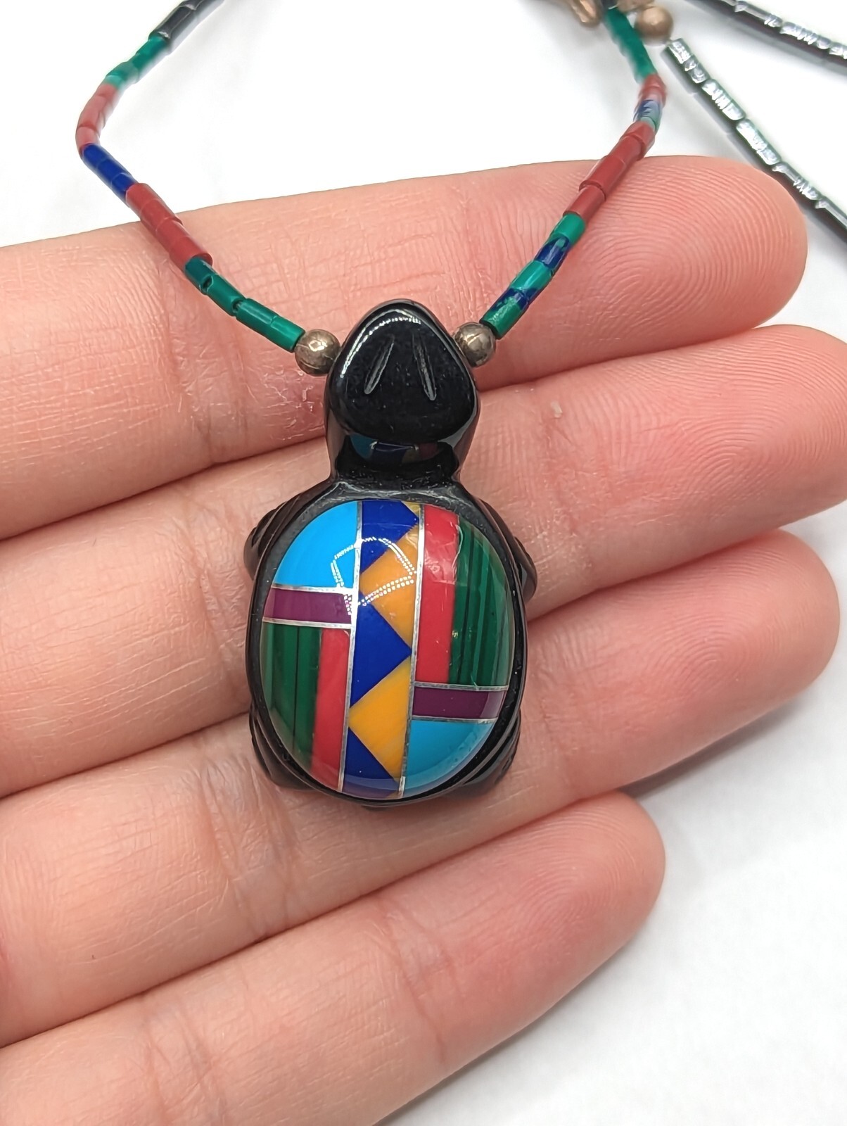 Multi Color Inlay Black Stone Carved Turtle Southwestern Beaded Necklace 25″