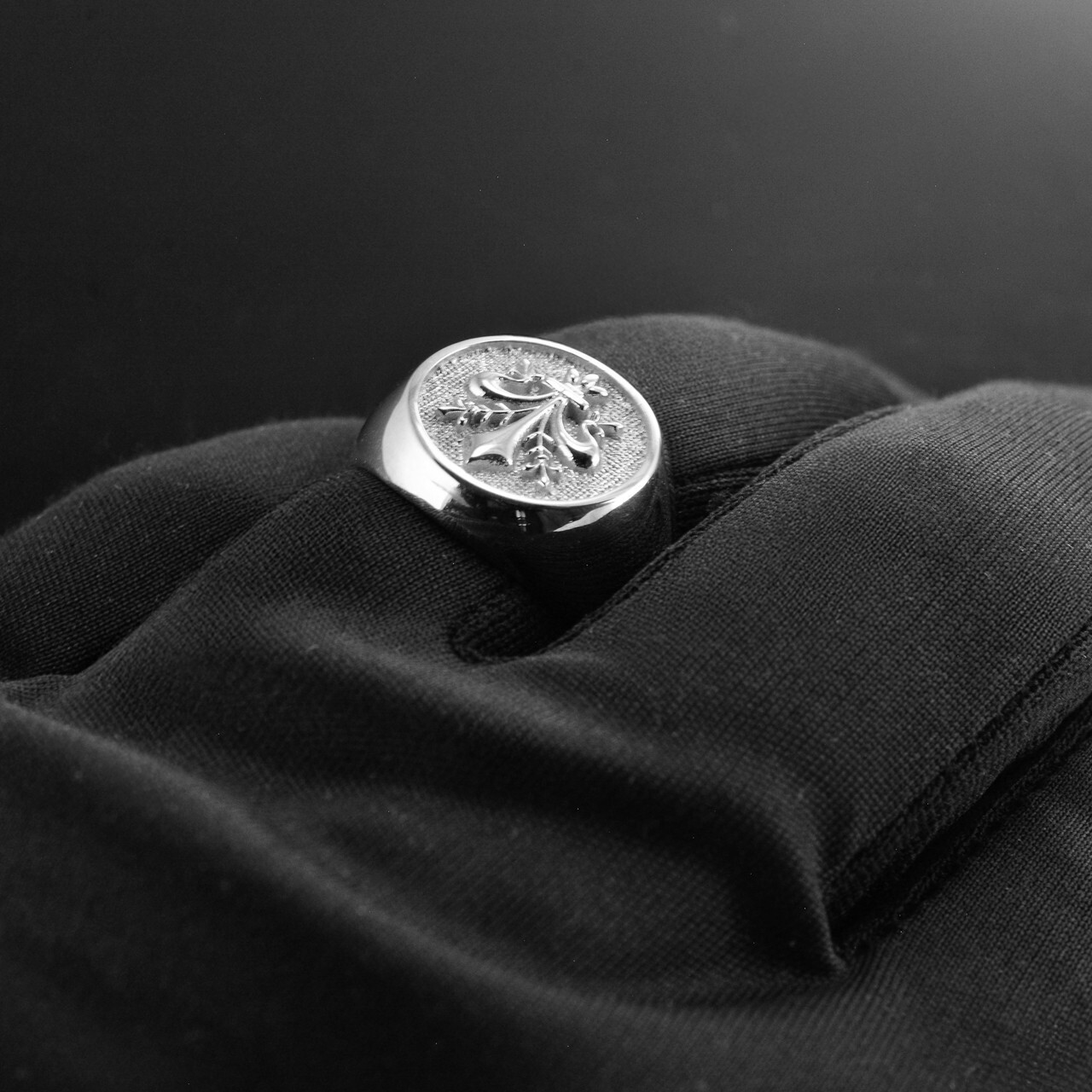 Sterling Silver Fleur-de-Lis Round Signet Ring Textured Medieval Emblem Polished