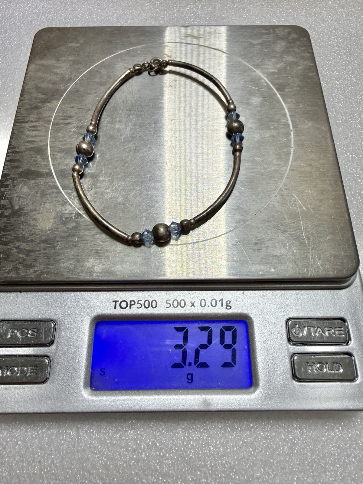 925 Sterling Silver & Blue Crystal Bead Accents 7” Bracelet 3.29