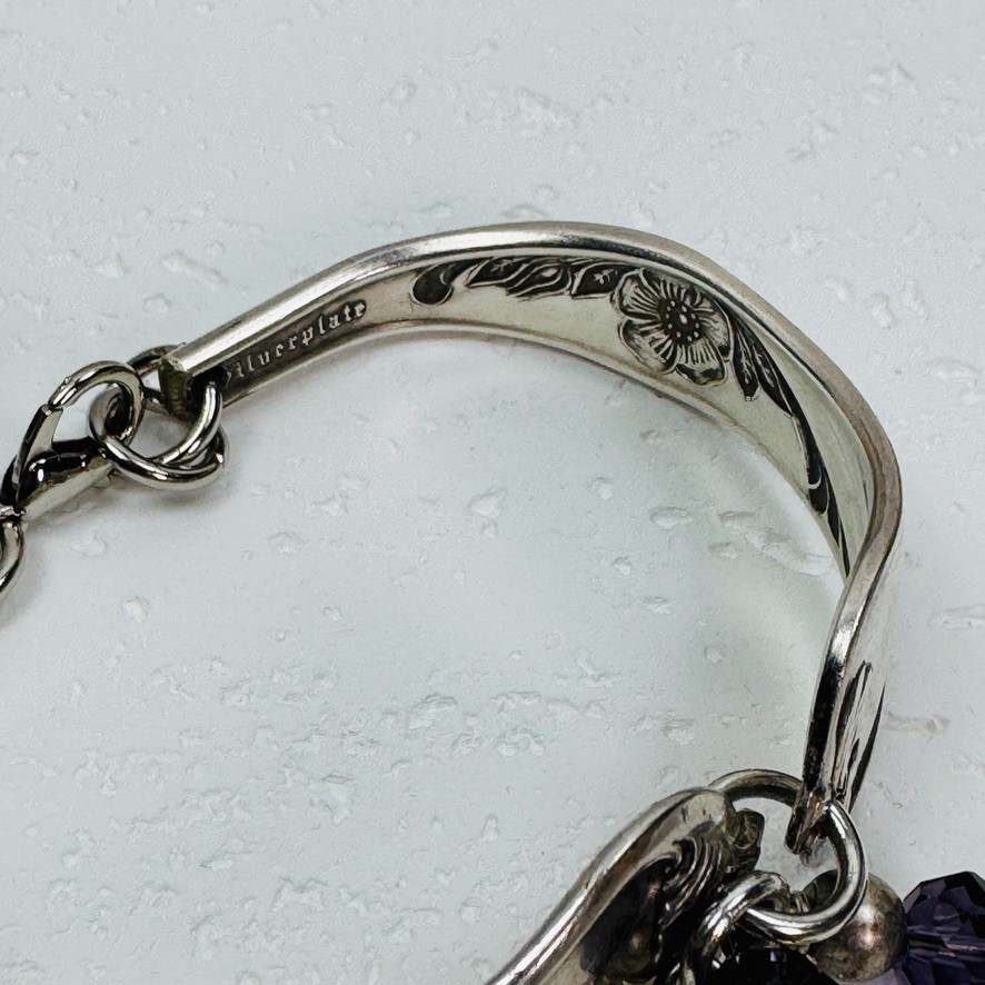 Vtg Silverware Double Handle Bangle Bracelet Silverplate Purple Clear & Pearls