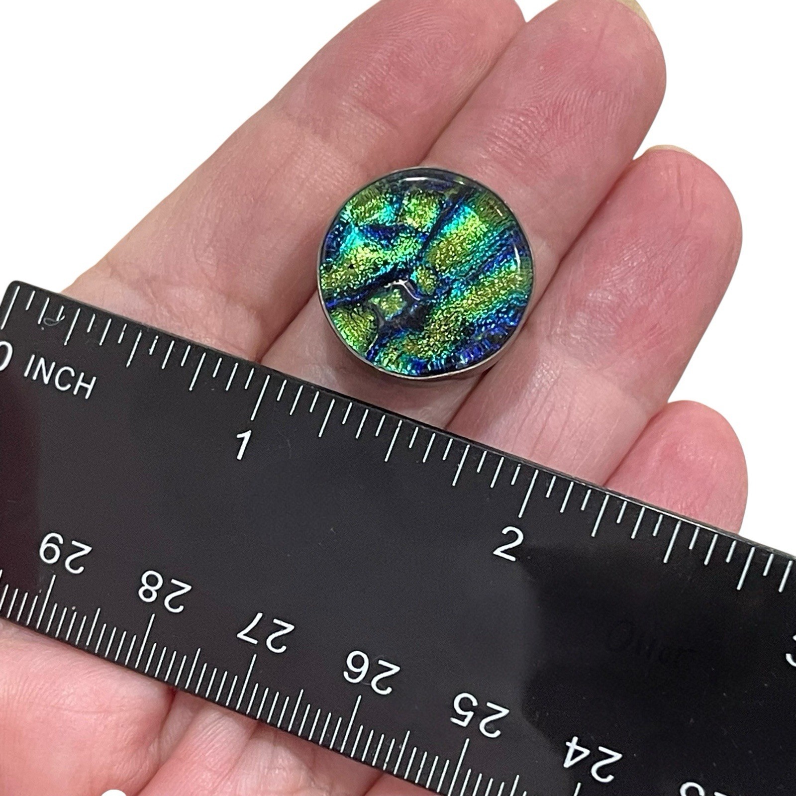Dichroic Art Glass Ring Sterling Silver 925 Vtg Green Blue Ladies Sz 7.5 Sparkle
