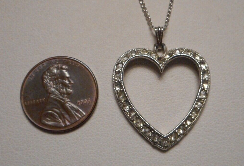 1950s Bogoff Diamante Rhinestone Silver-tone Heart Pendant on 16″ Chain Necklace