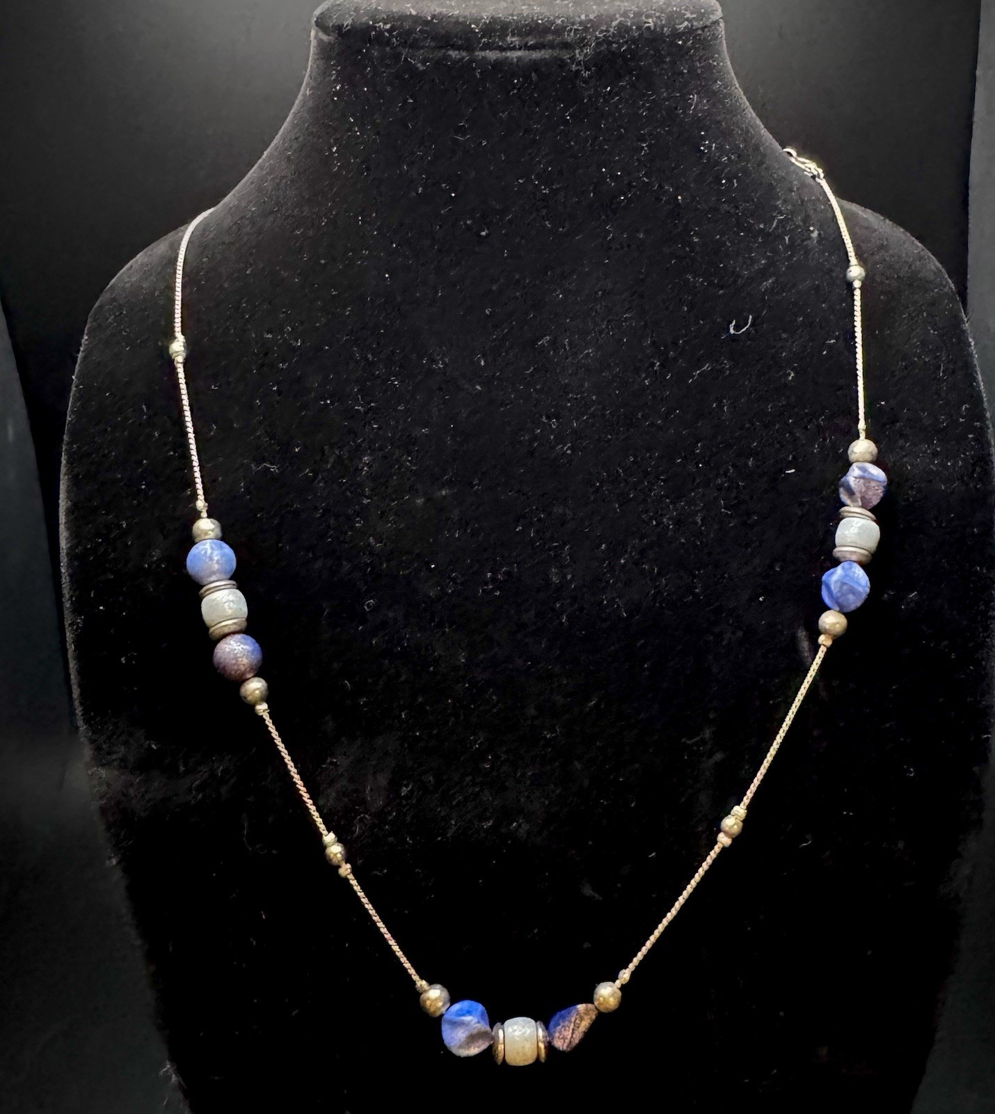 Long Silver Tone Necklace with Blue Stone Beads – Station Style – 26”