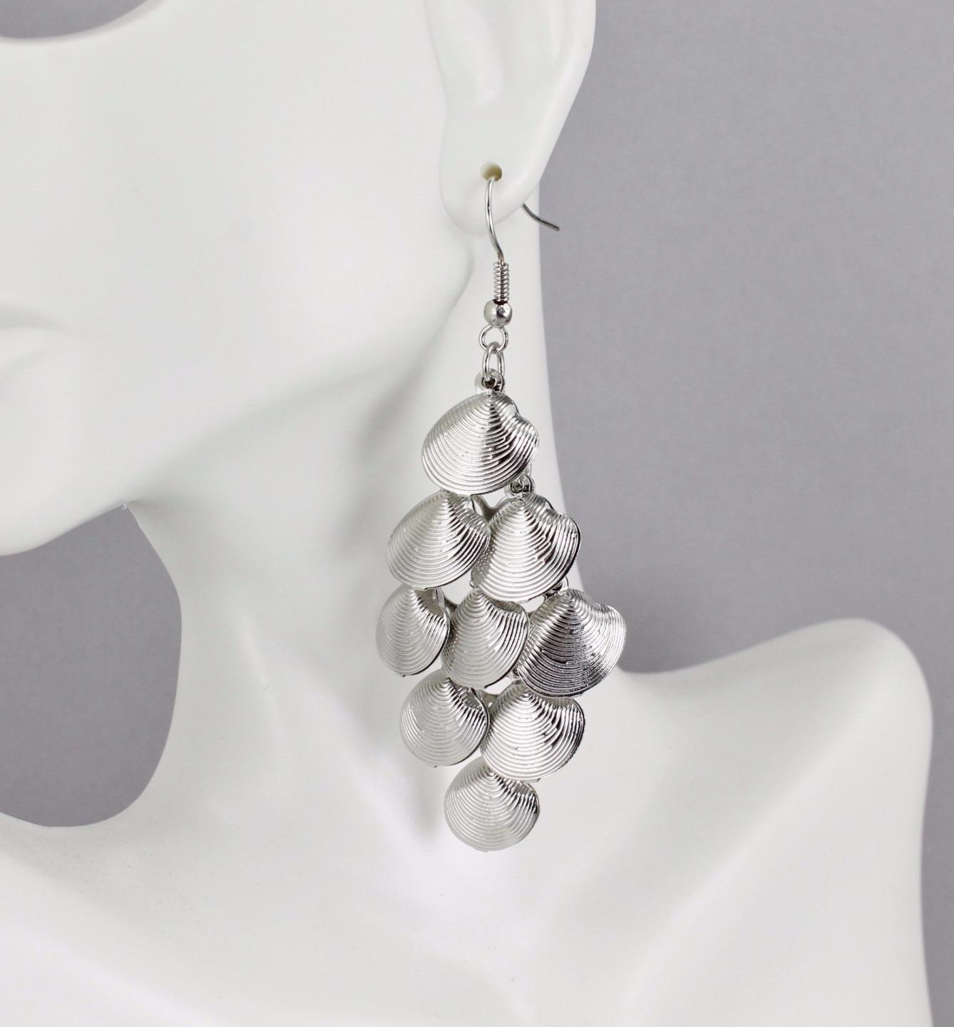 Silver clamshell earrings dangle chandelier earrings pendant wiggly flowy 3″long