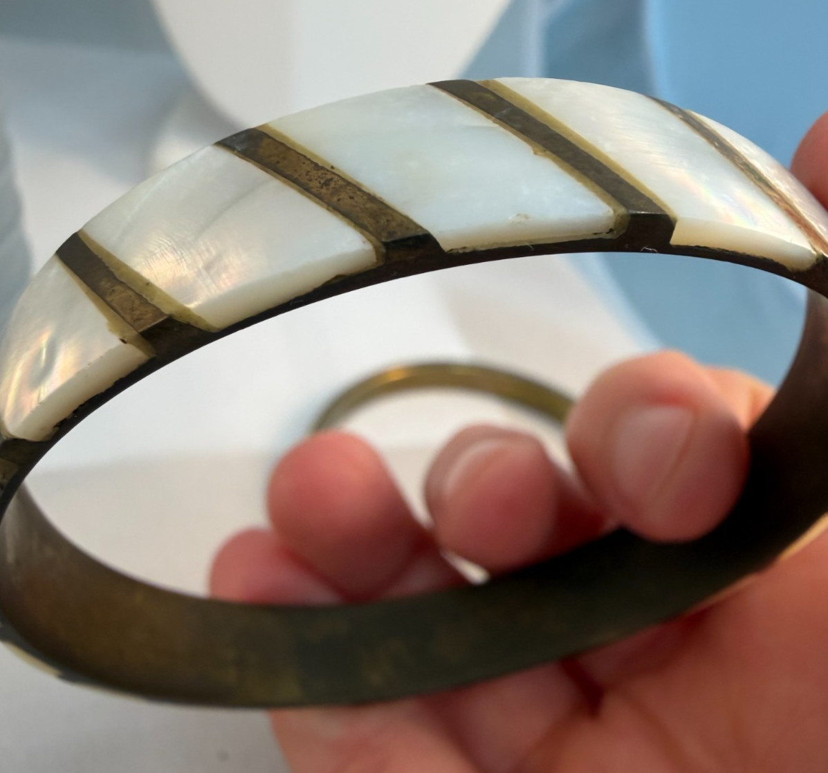 Vintage 1970s Brass Bangle Stack Mother of Pearl Dyed Bovine Inlay Boho Green