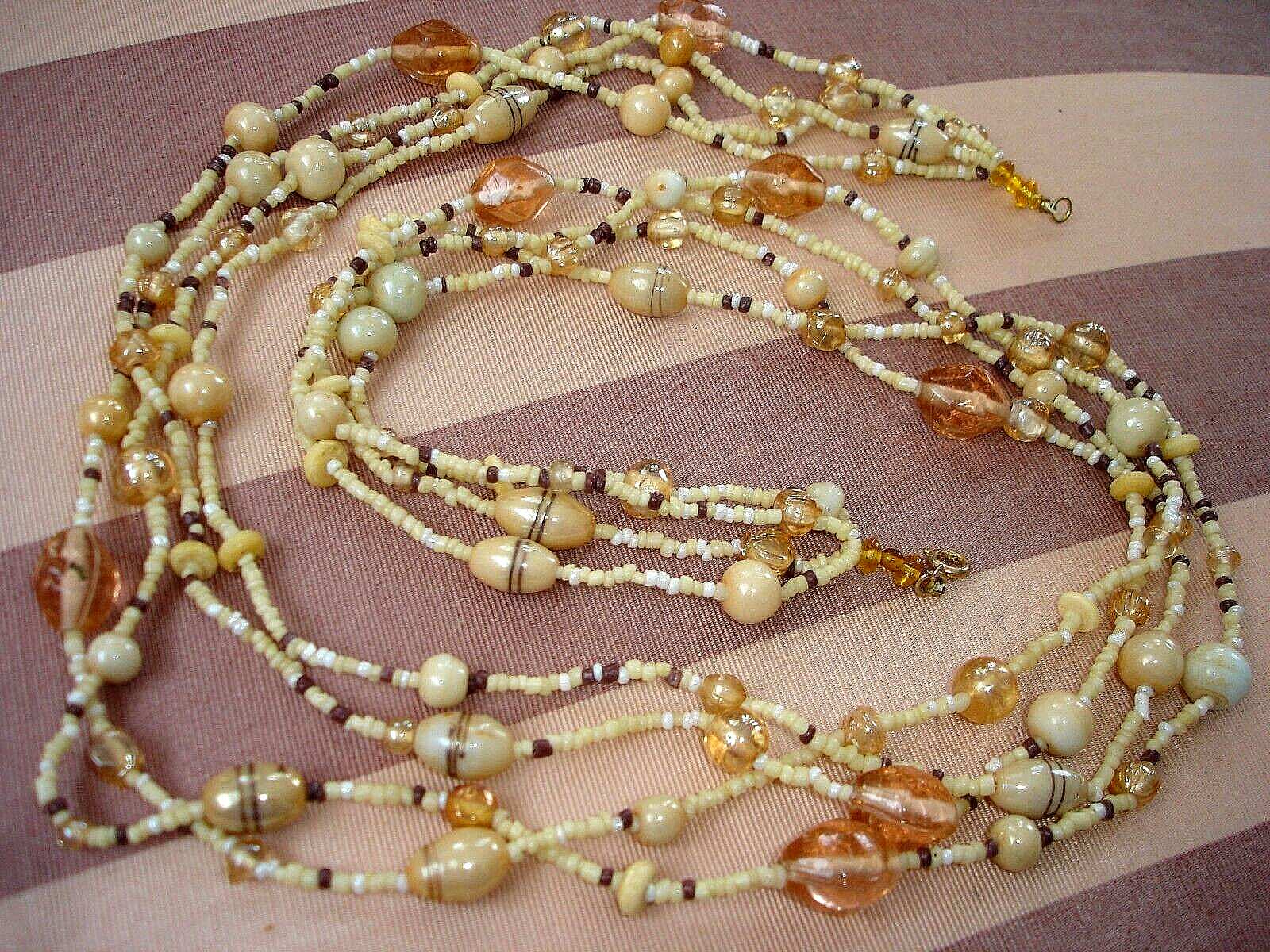 Vintage LOT 4 Multi-Strand GLASS BEAD Necklaces-Gold, Neutral Tan, Orange, Brown