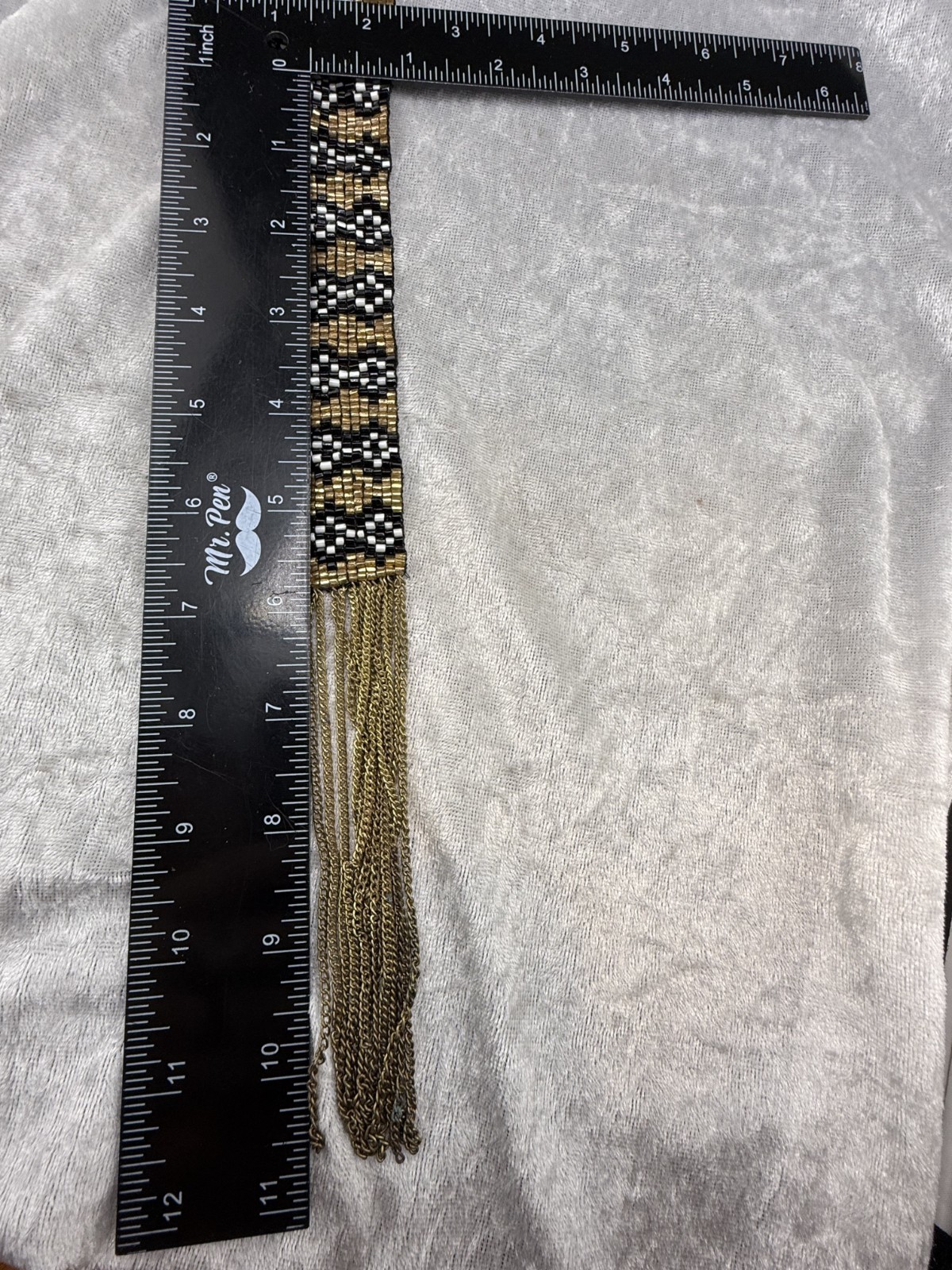Vintage Southwestern Fringe Beaded Y Tassel Necklace Gold Black White Statement
