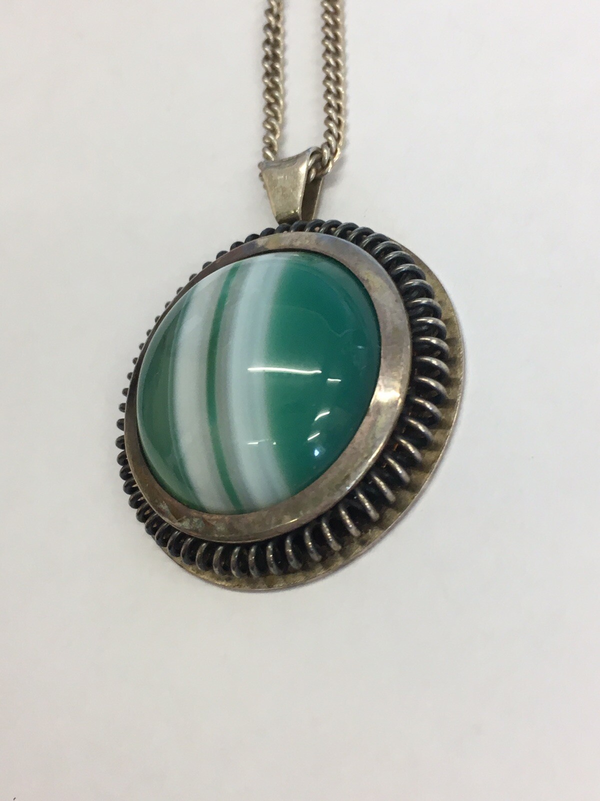 Vintage Solid Silver Retro Swedish Pendant Necklace W/Agate 16.7grams
