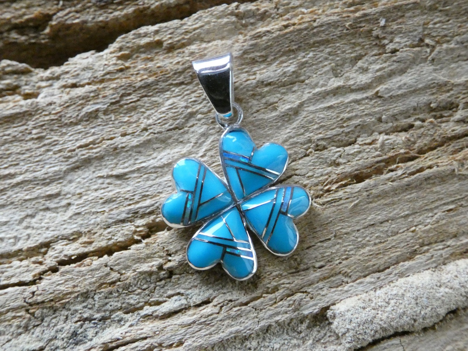 Love & Luck Four Leaf Clover Sterling Silver Turquoise Opal Pendant Handmade G39