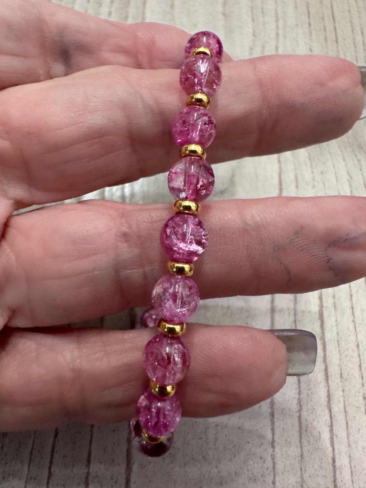 Rustic Cuff Pink Purple Beaded Stretch Bracelet Goldtone Pink Charm