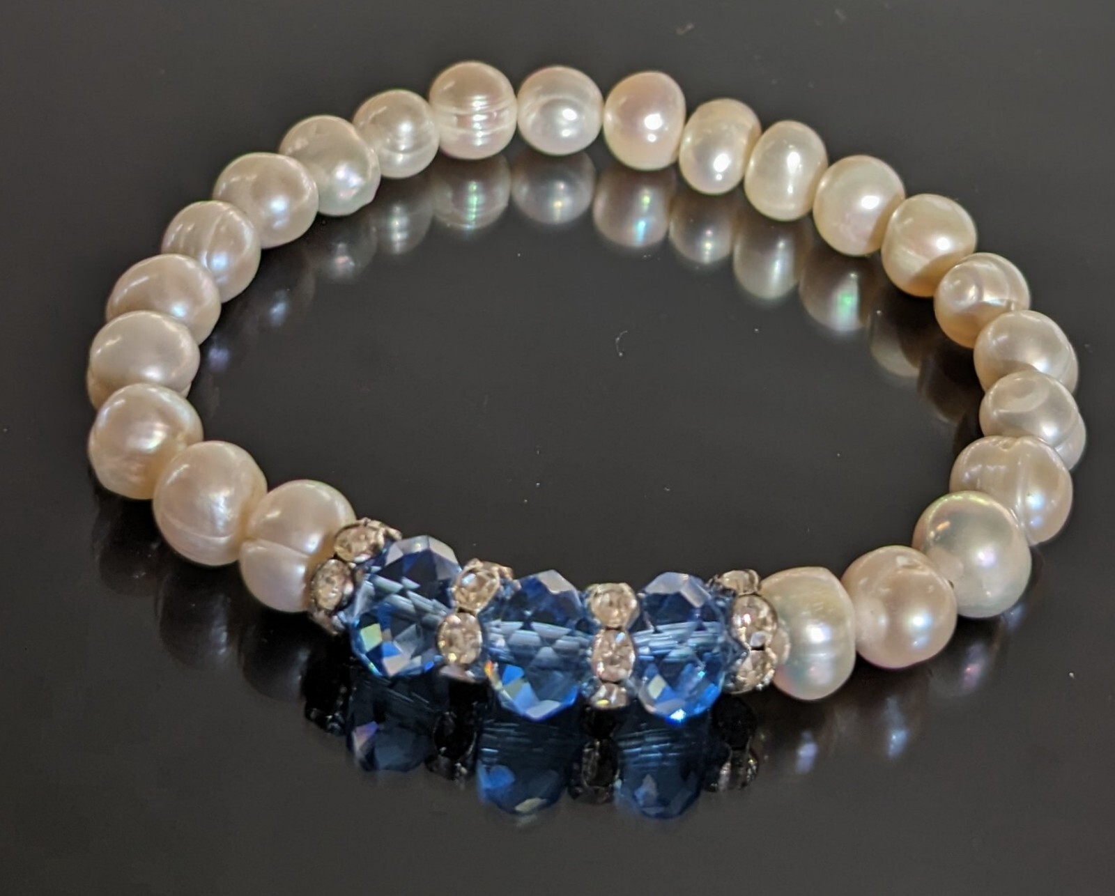 Freshwater Pearl Bracelet Stretch Beaded Bracelet Blue Birthstone December